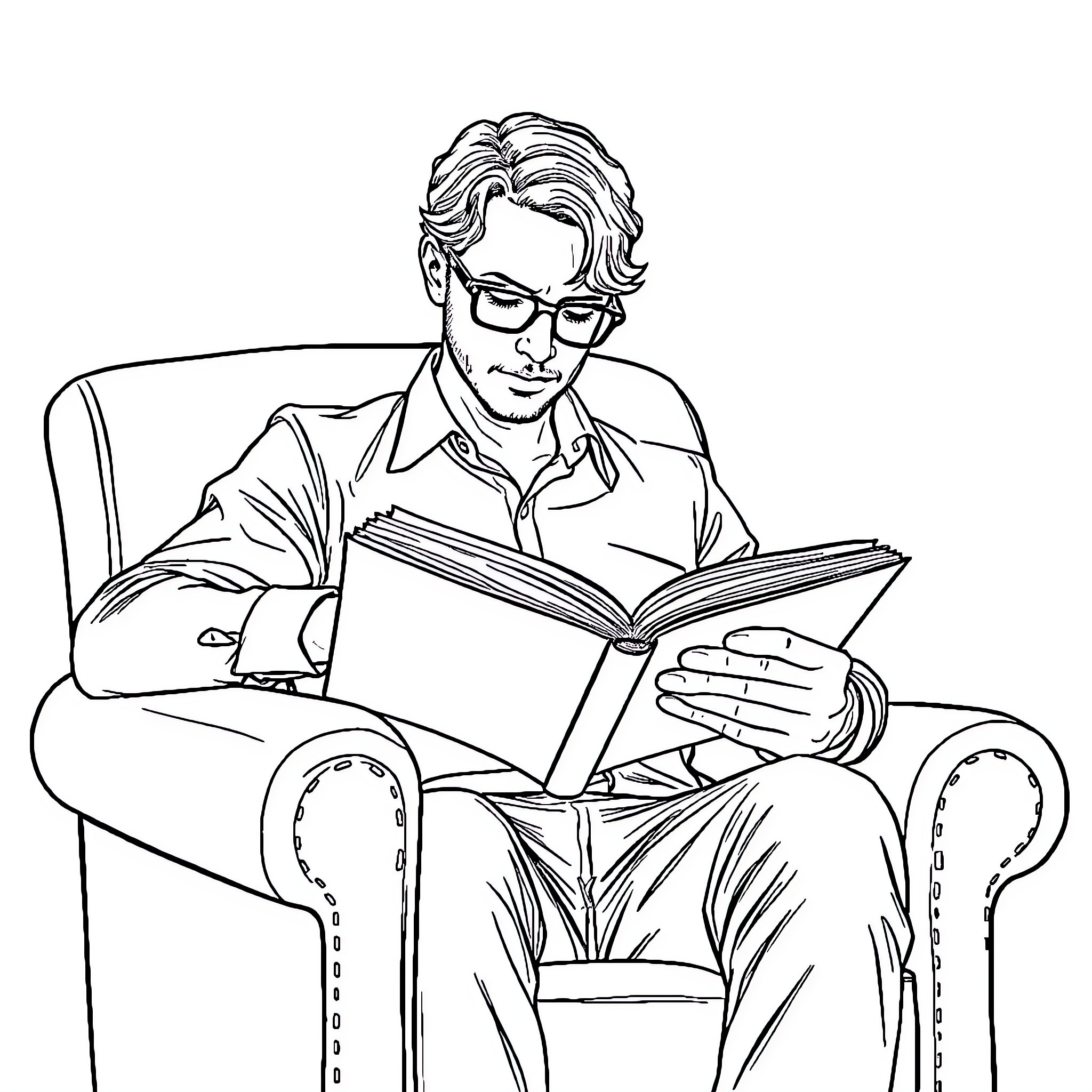 Spencer Reid reading a book intently Coloring Page (free black-and-white line drawing printable PDF for all, from beginners to advanced learners, including children, teens, adults, and seniors)
