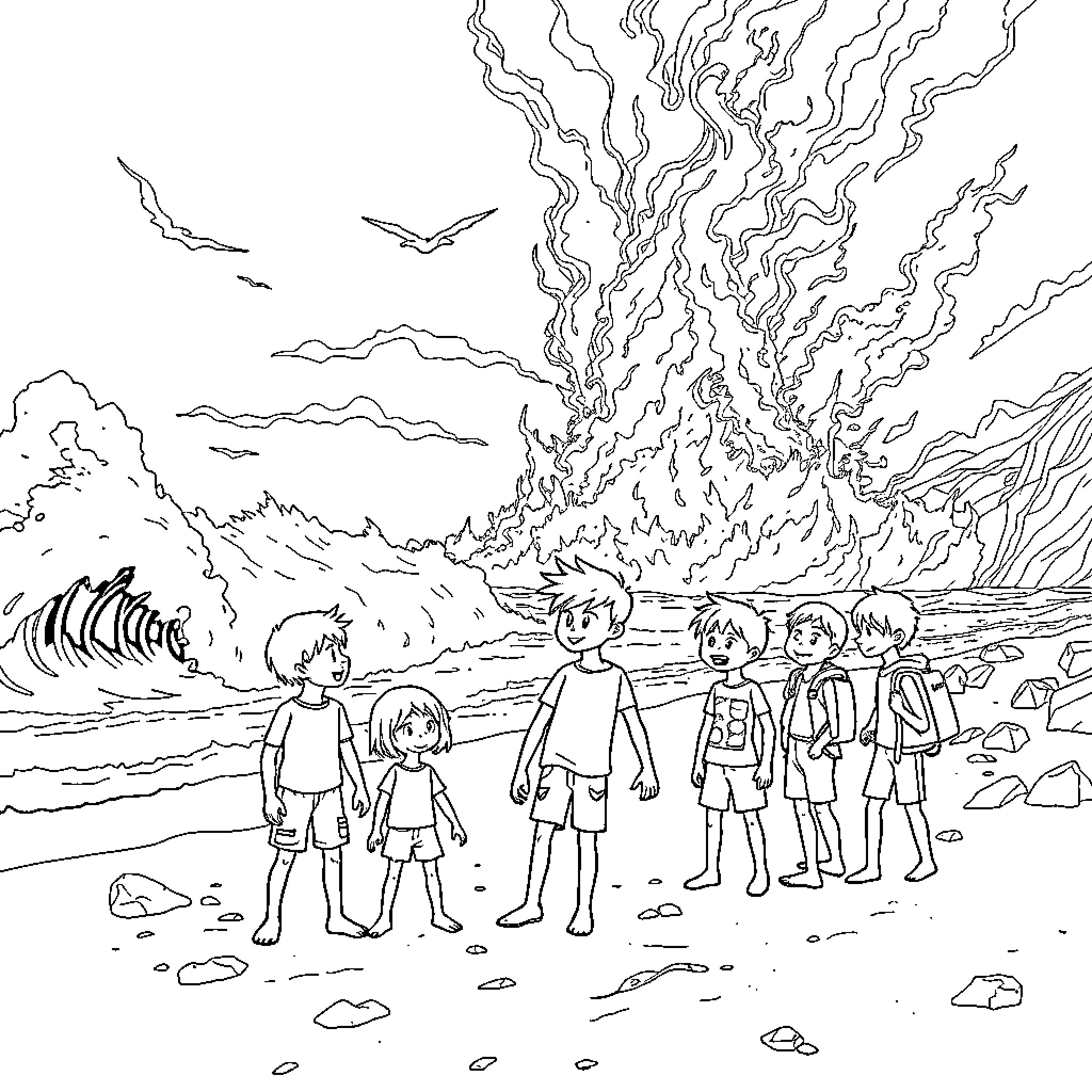 Goonies Exploring the Mysterious Beach Landscape Coloring Page (free black-and-white line drawing printable PDF for all, from beginners to advanced learners, including children, teens, adults, and seniors)