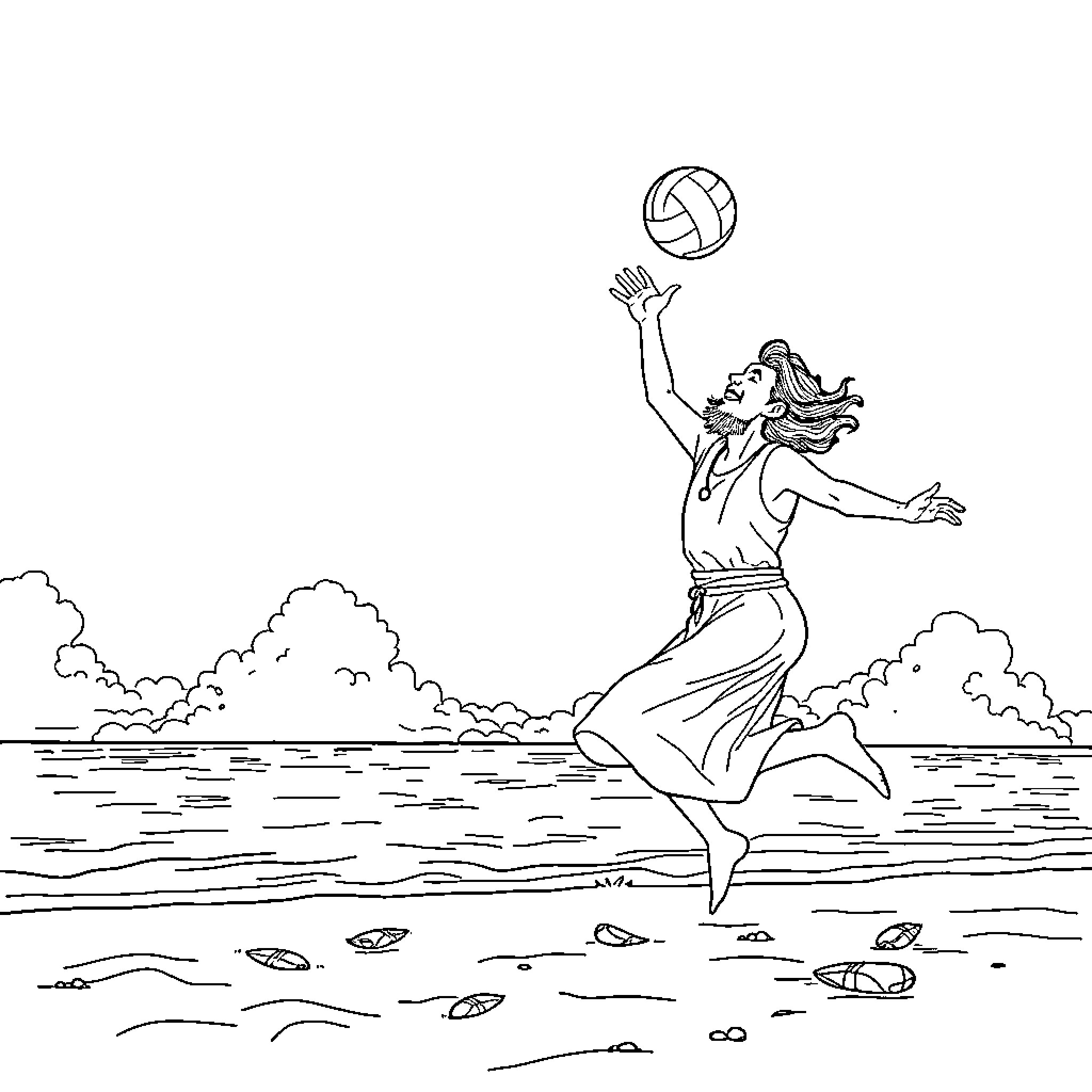 Rumi playing volleyball by the beach Coloring Page (free black-and-white line drawing printable PDF for all, from beginners to advanced learners, including children, teens, adults, and seniors)