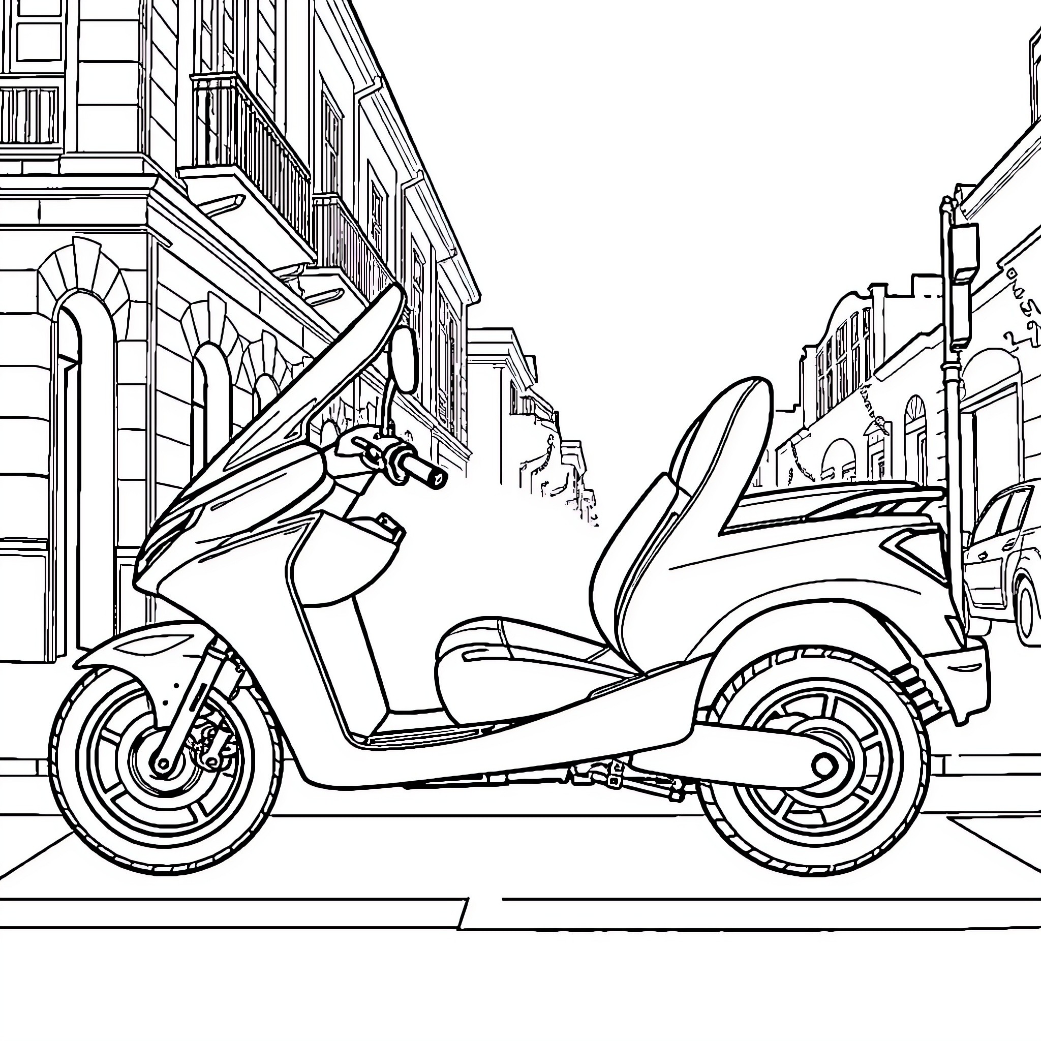 Marechaussee Seat Ateca: Scooter in urban setting Coloring Page (free black-and-white line drawing printable PDF for all, from beginners to advanced learners, including children, teens, adults, and seniors)