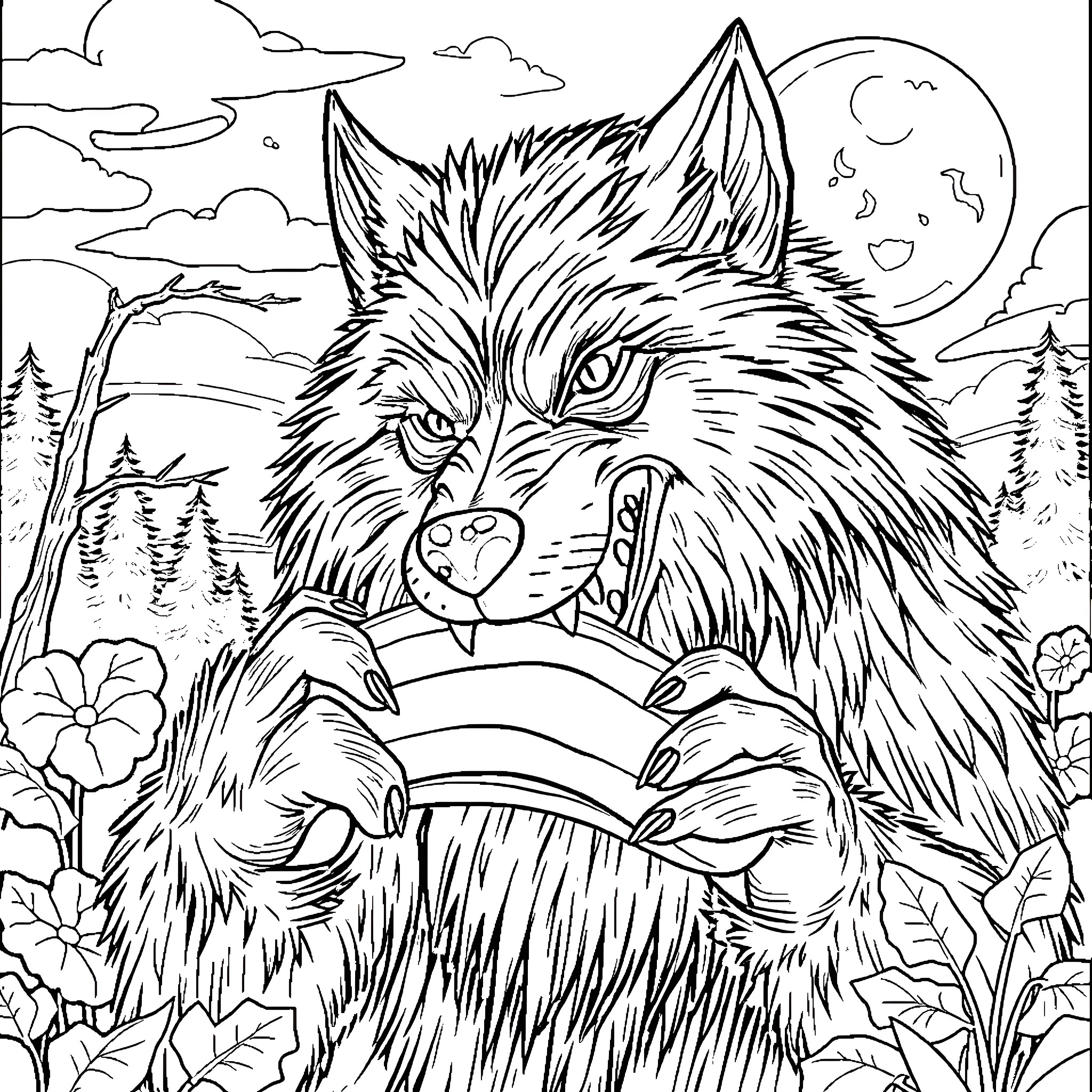 Werewolf enjoying the mystical night in the forest Coloring Page (free black-and-white line drawing printable PDF for all, from beginners to advanced learners, including children, teens, adults, and seniors)