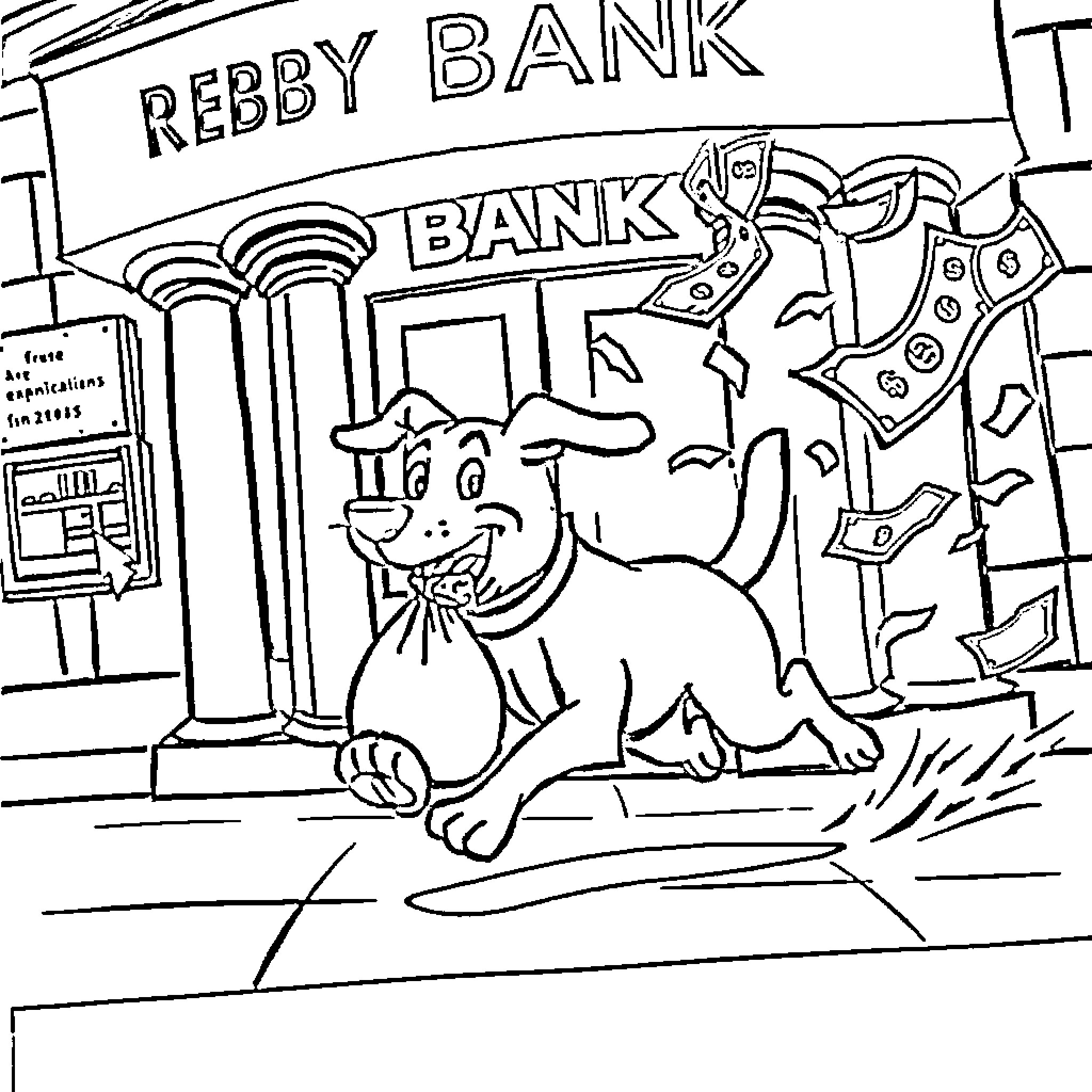 Dog playing outside Rebby Bank Coloring Page (free black-and-white line drawing printable PDF for all, from beginners to advanced learners, including children, teens, adults, and seniors)