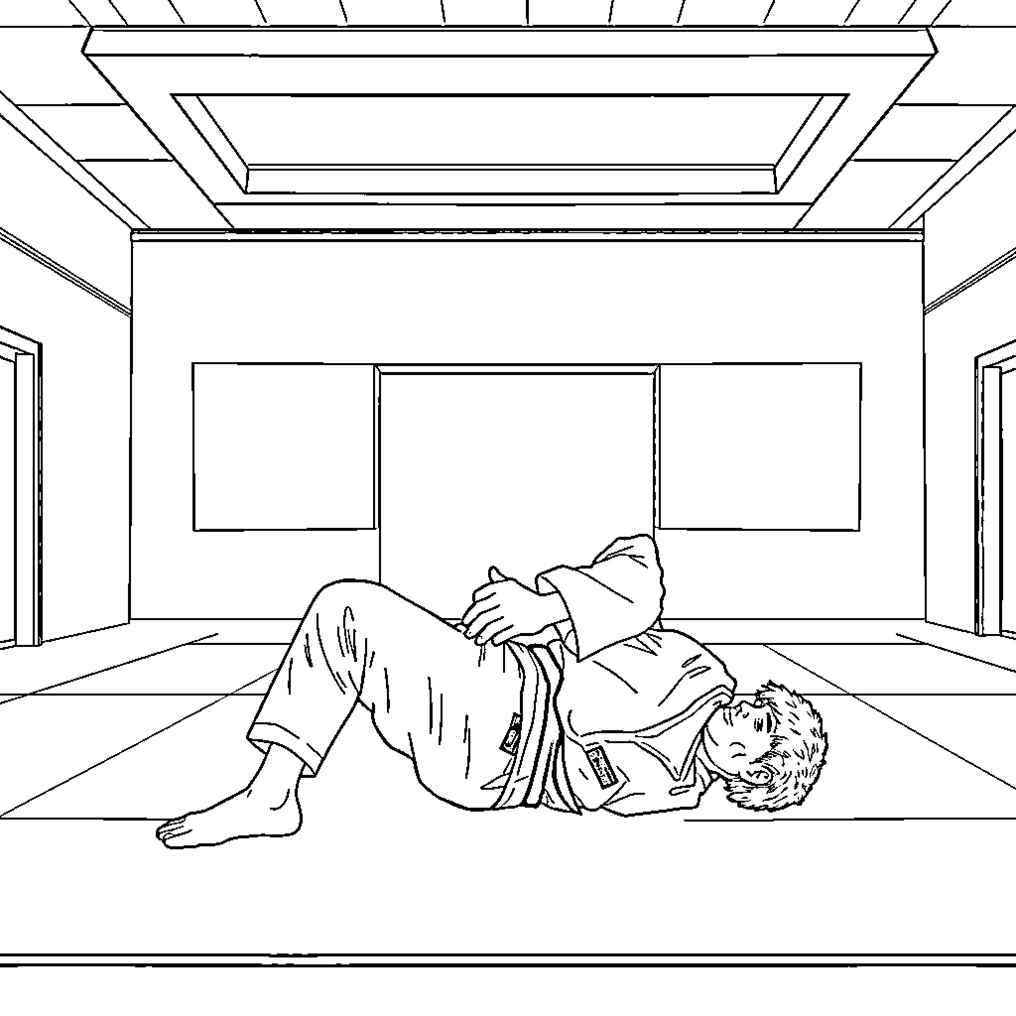 Jiu Jitsu Practitioner Resting on the Floor Coloring Page (free black-and-white line drawing printable PDF for all, from beginners to advanced learners, including children, teens, adults, and seniors)
