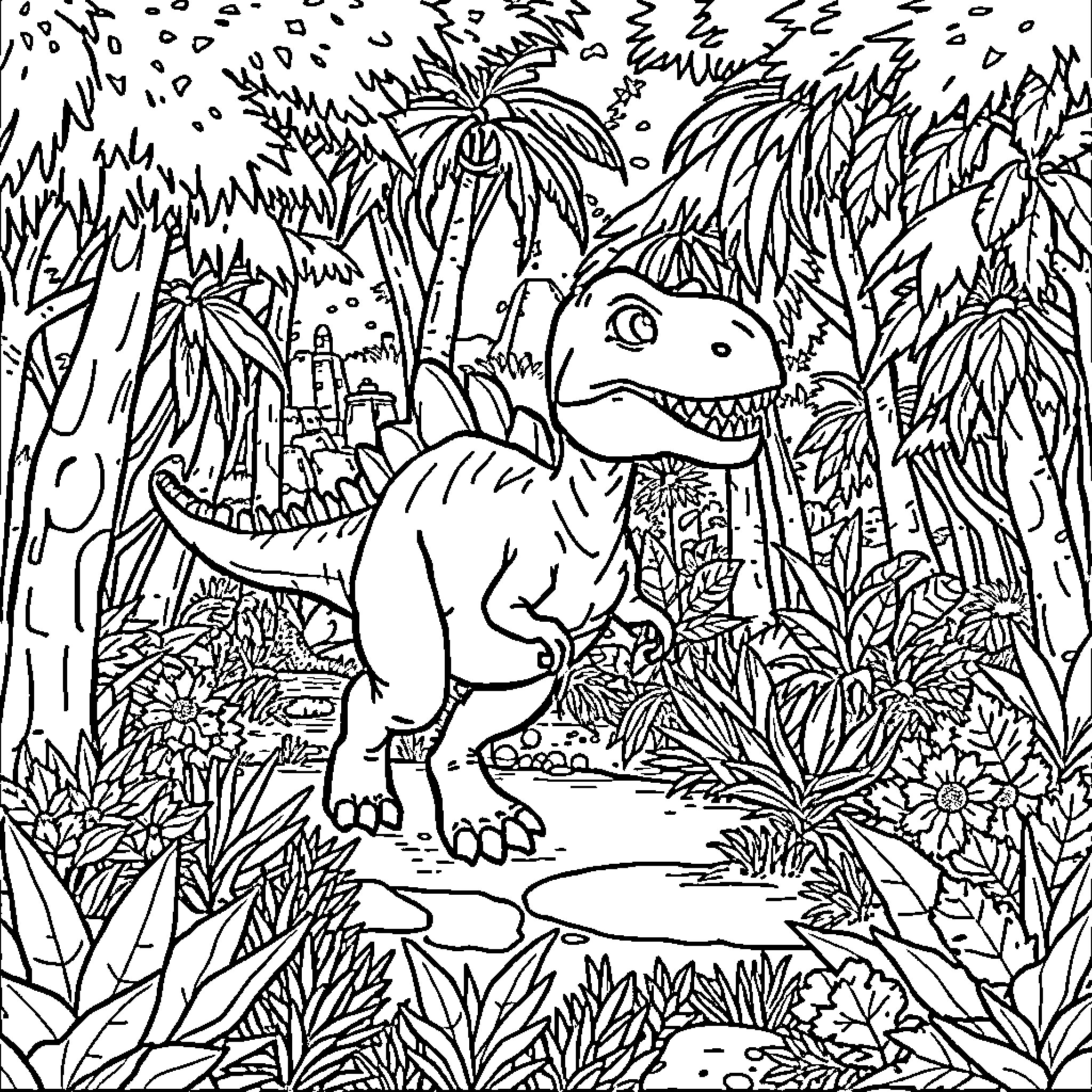 Dinosaur exploring lush jungle landscape Coloring Page (free black-and-white line drawing printable PDF for all, from beginners to advanced learners, including children, teens, adults, and seniors)