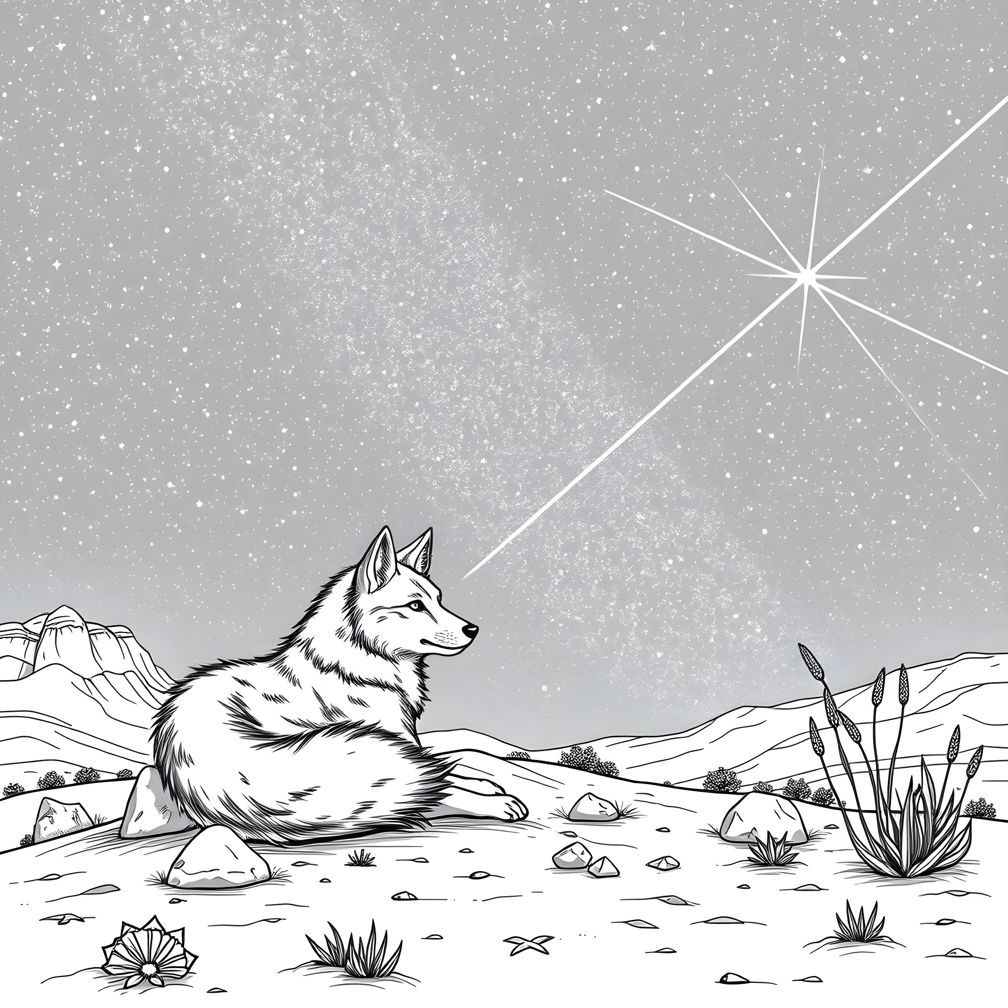 Coyote gazes upon the starry night desert landscape Coloring Page (free black-and-white line drawing printable PDF for all, from beginners to advanced learners, including children, teens, adults, and seniors)