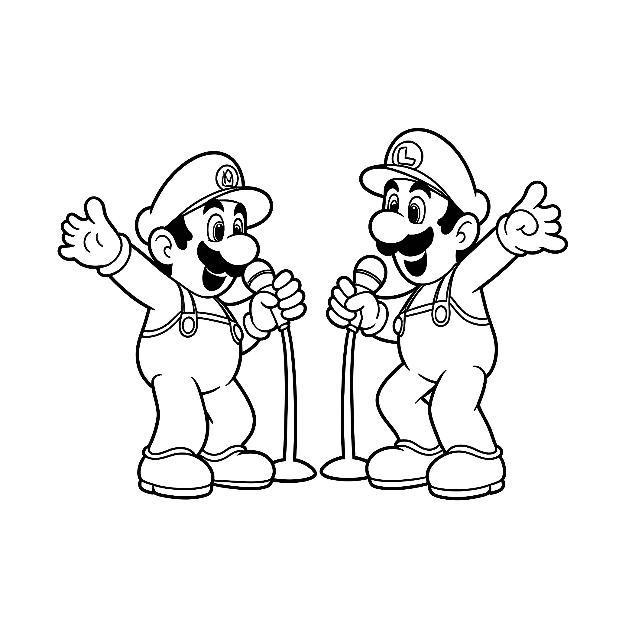Mario Brothers Doing Heroic Poses Coloring Page (free black-and-white line drawing printable PDF for all, from beginners to advanced learners, including children, teens, adults, and seniors)
