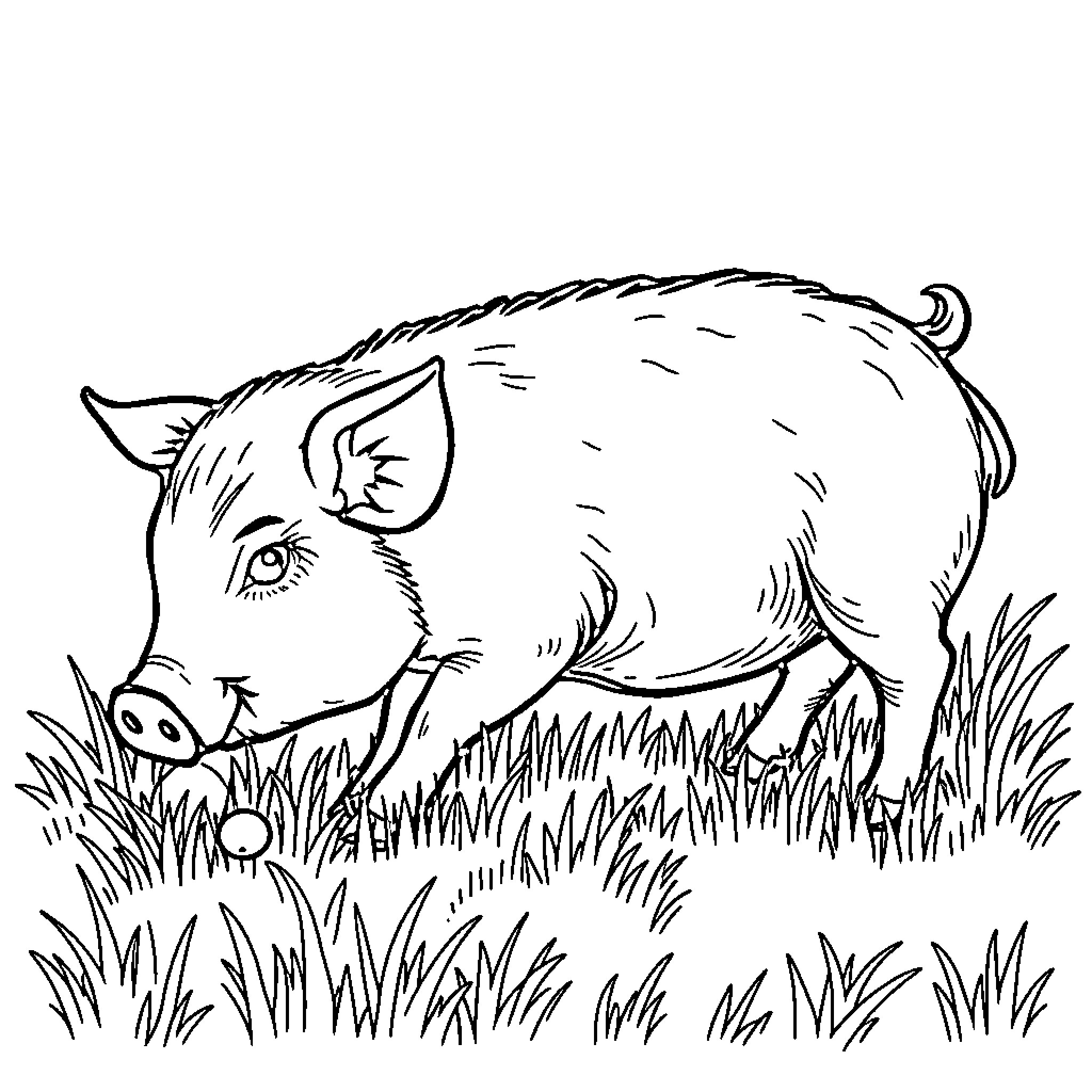 Sow grazing peacefully in the grassy field Coloring Page (free black-and-white line drawing printable PDF for all, from beginners to advanced learners, including children, teens, adults, and seniors)