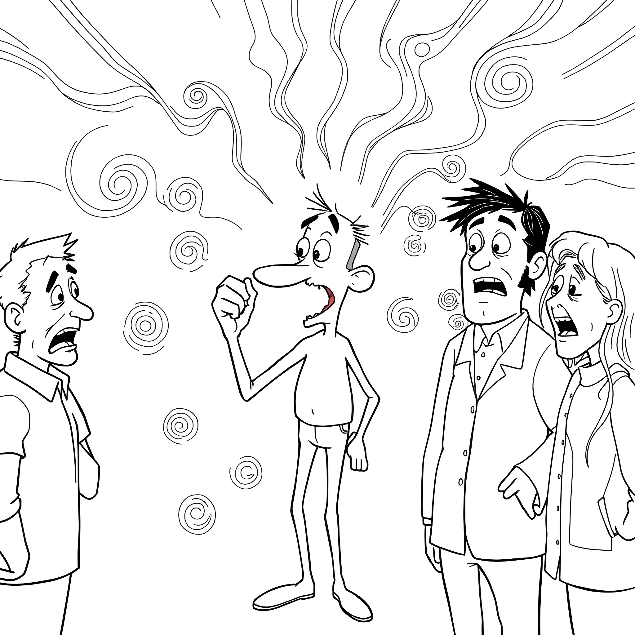 Human characters in a confusing and chaotic scene Coloring Page (free black-and-white line drawing printable PDF for all, from beginners to advanced learners, including children, teens, adults, and seniors)