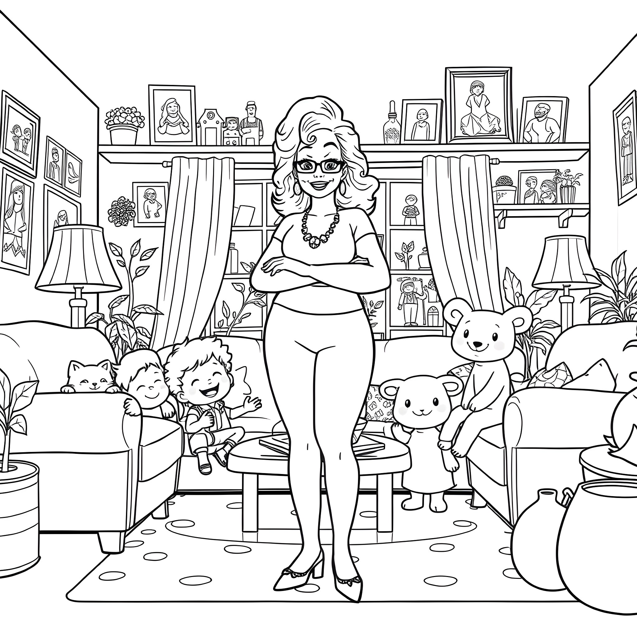 Madea's Cozy Home with Family and Friends Coloring Page (free black-and-white line drawing printable PDF for all, from beginners to advanced learners, including children, teens, adults, and seniors)