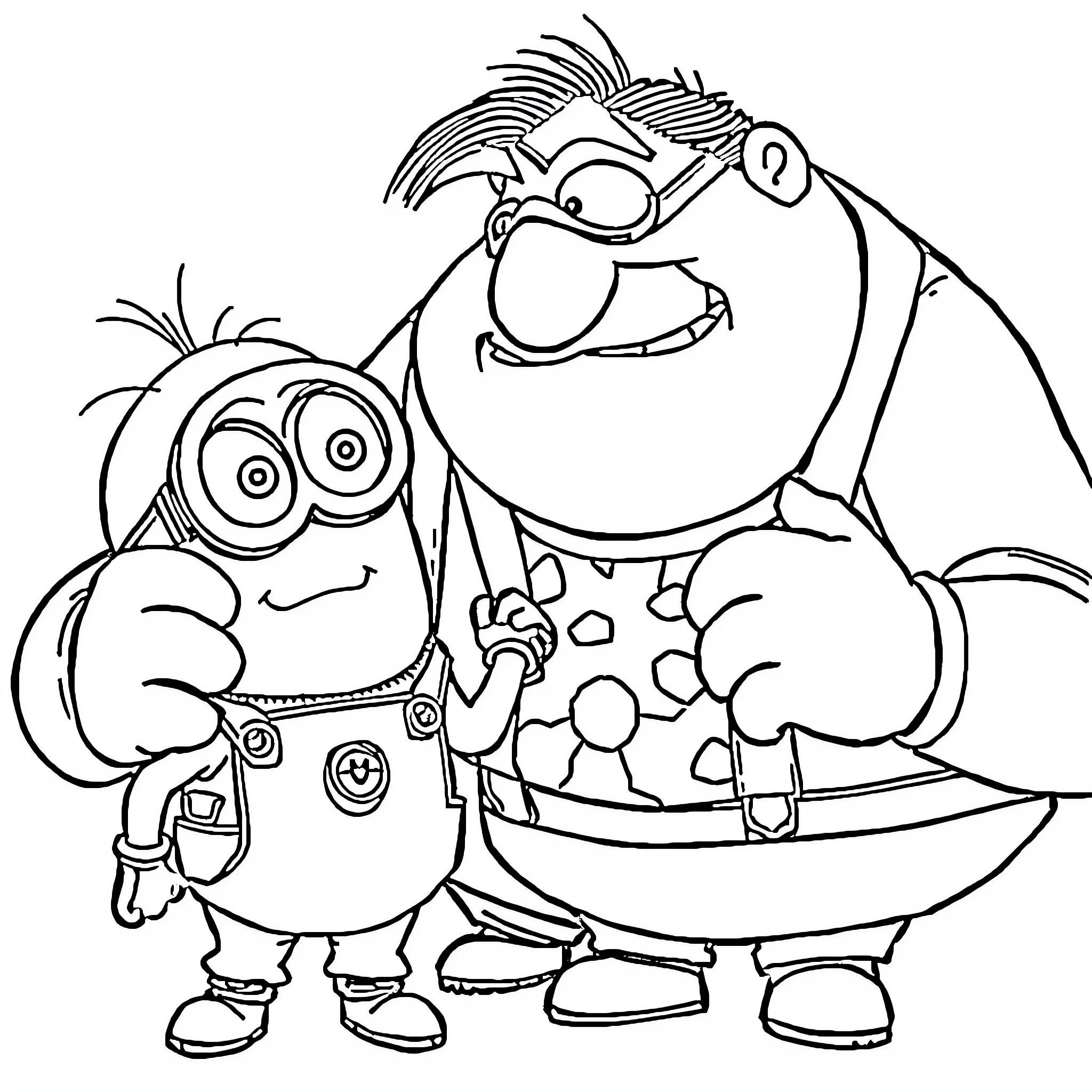 Gru and Minions in Silly Poses Coloring Page (free black-and-white line drawing printable PDF for all, from beginners to advanced learners, including children, teens, adults, and seniors)