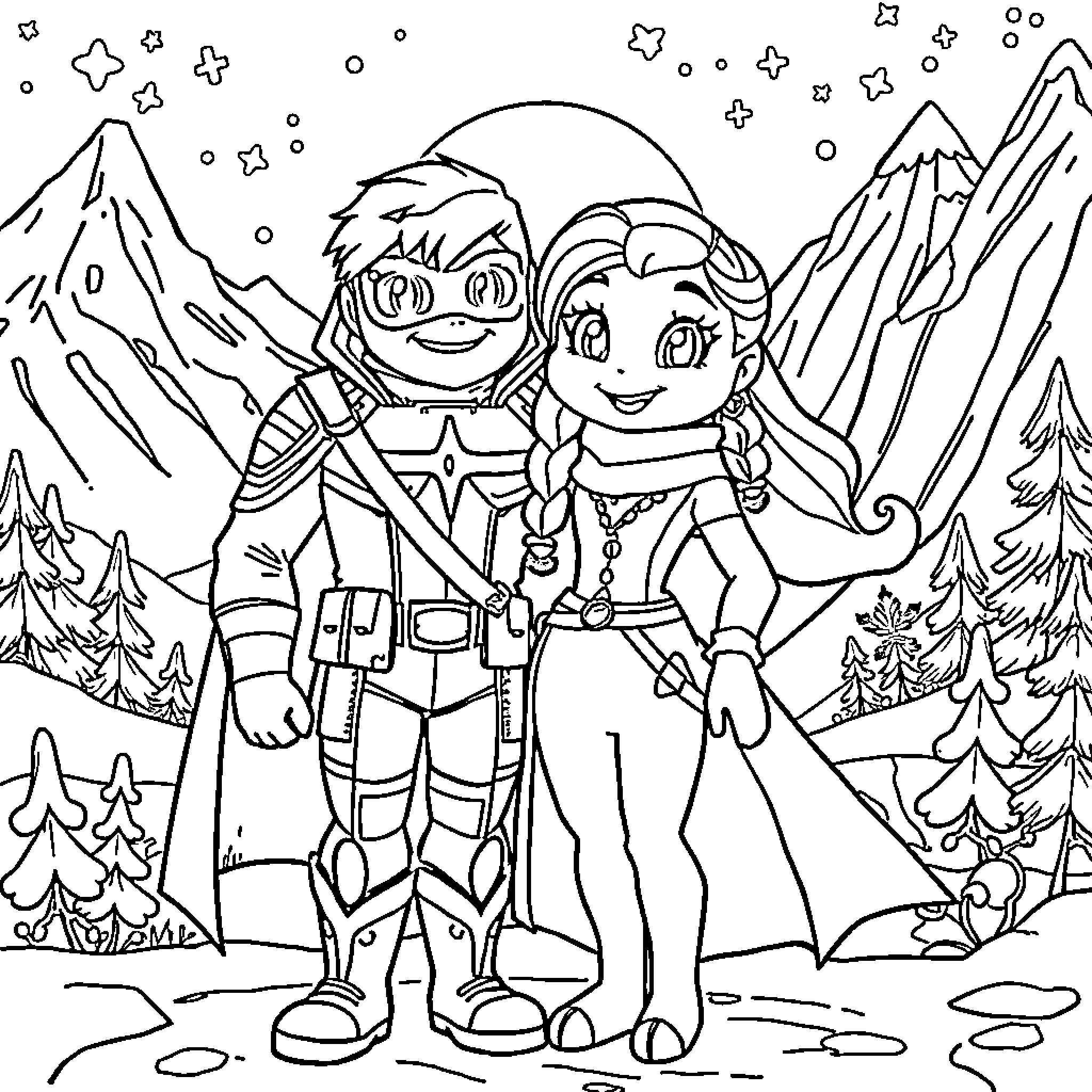 Mirabel and her friend on a winter adventure Coloring Page (free black-and-white line drawing printable PDF for all, from beginners to advanced learners, including children, teens, adults, and seniors)
