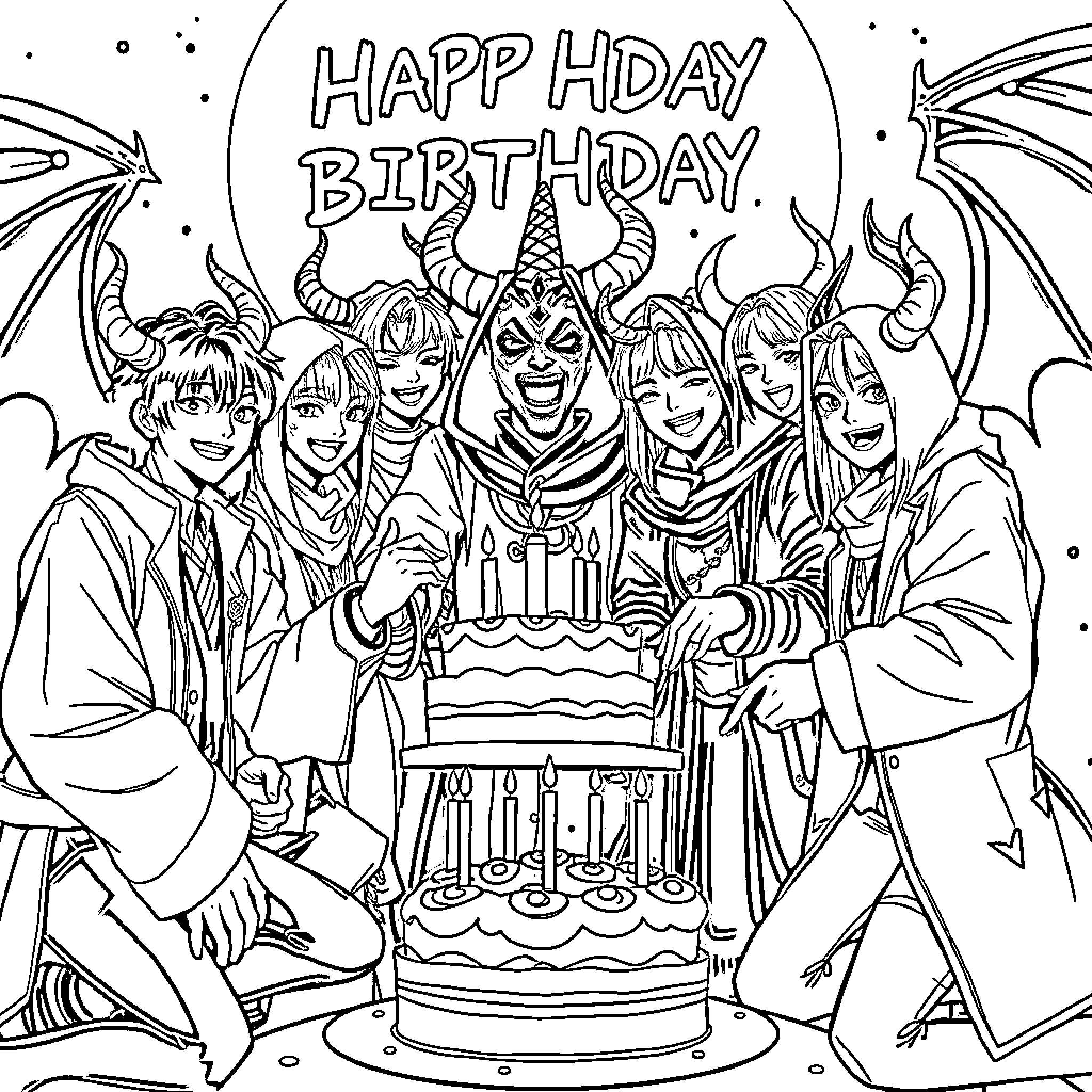 Kpop group celebrates happy birthday with grand cake Coloring Page (free black-and-white line drawing printable PDF for all, from beginners to advanced learners, including children, teens, adults, and seniors)