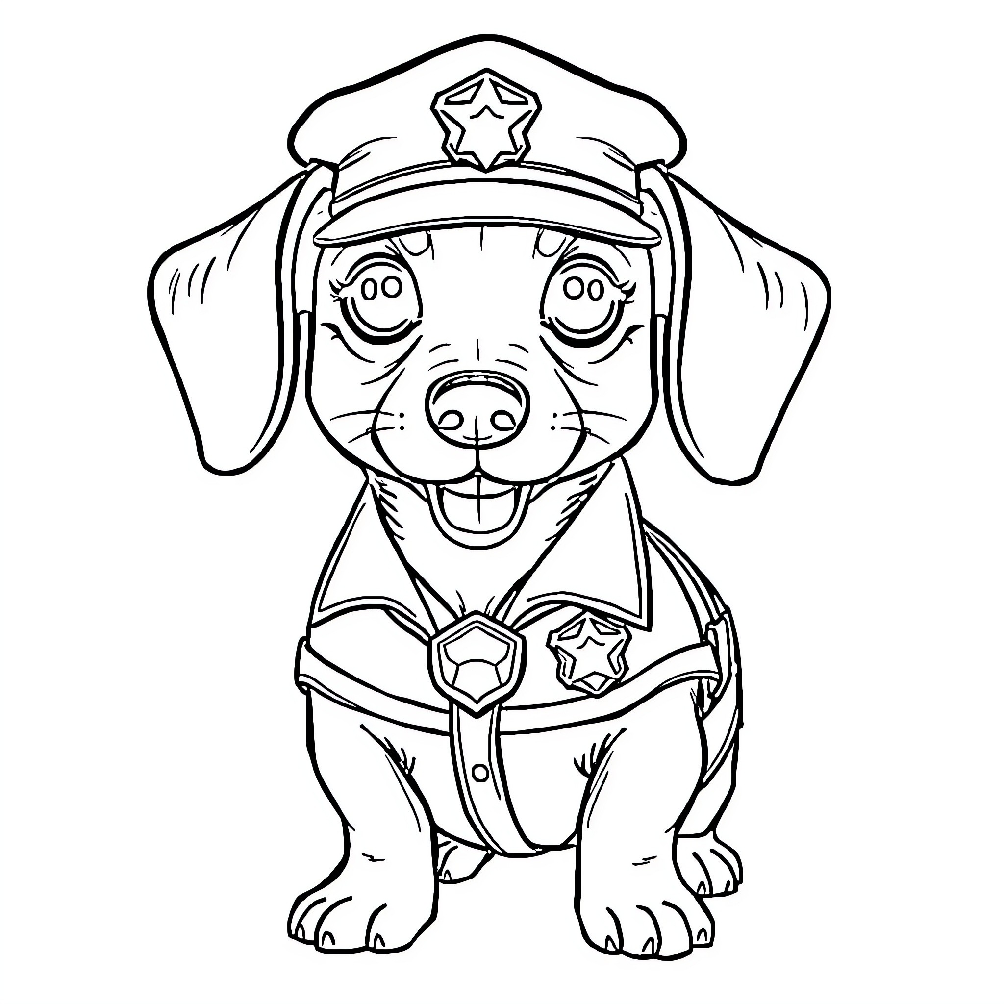 Weiner Dog Police Officer Happily on Duty Coloring Page (free black-and-white line drawing printable PDF for all, from beginners to advanced learners, including children, teens, adults, and seniors)
