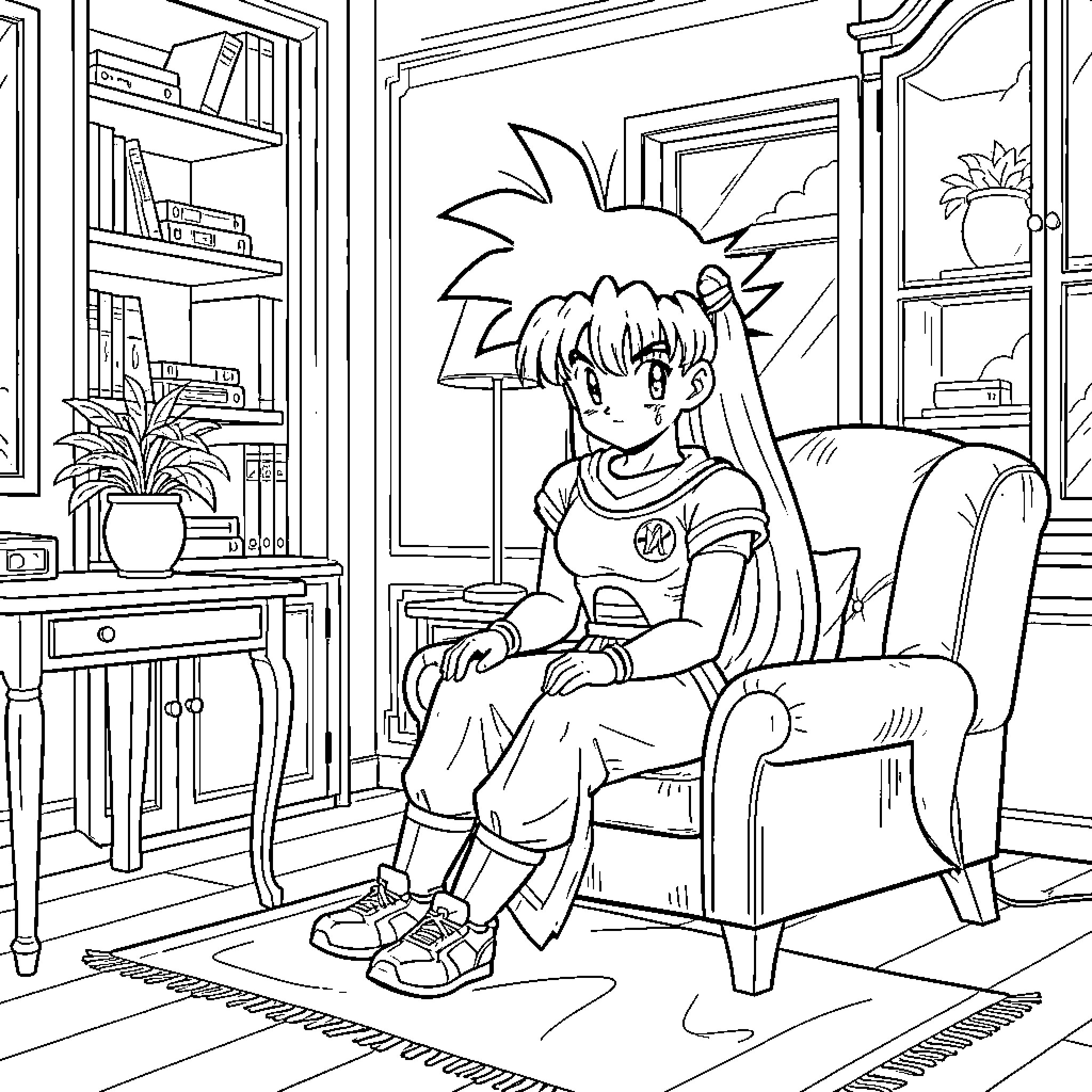 Bulma relaxing in a cozy home setting Coloring Page (free black-and-white line drawing printable PDF for all, from beginners to advanced learners, including children, teens, adults, and seniors)