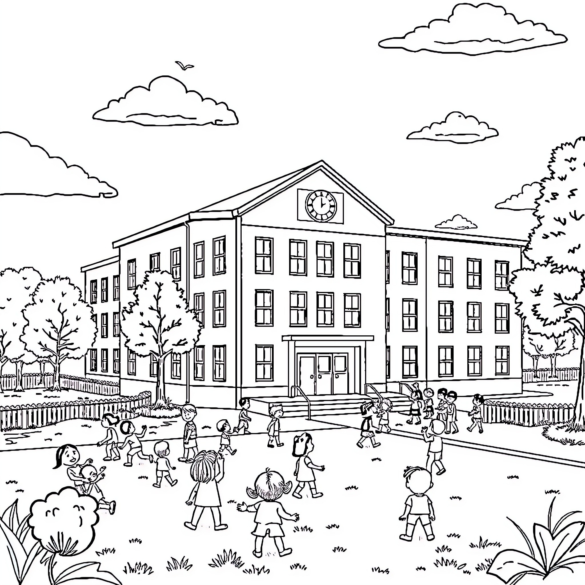 School children at recess on the playground Coloring Page (free black-and-white line drawing printable PDF for all, from beginners to advanced learners, including children, teens, adults, and seniors)