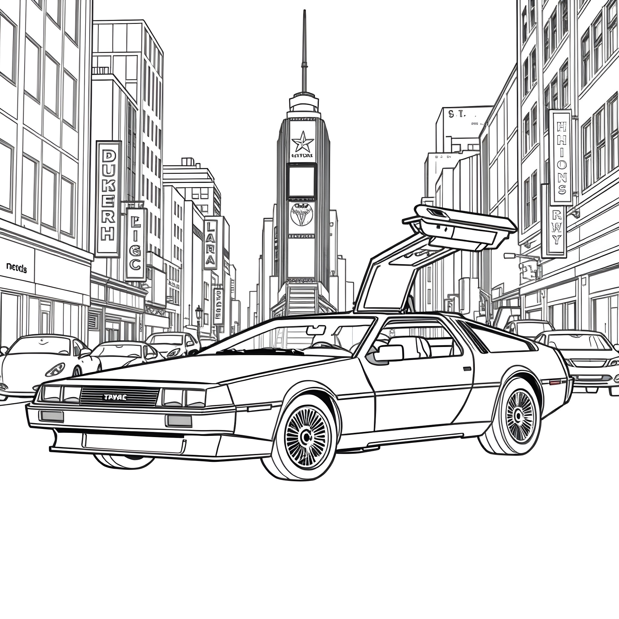 DeLorean navigating through the bustling city streets Coloring Page (free black-and-white line drawing printable PDF for all, from beginners to advanced learners, including children, teens, adults, and seniors)