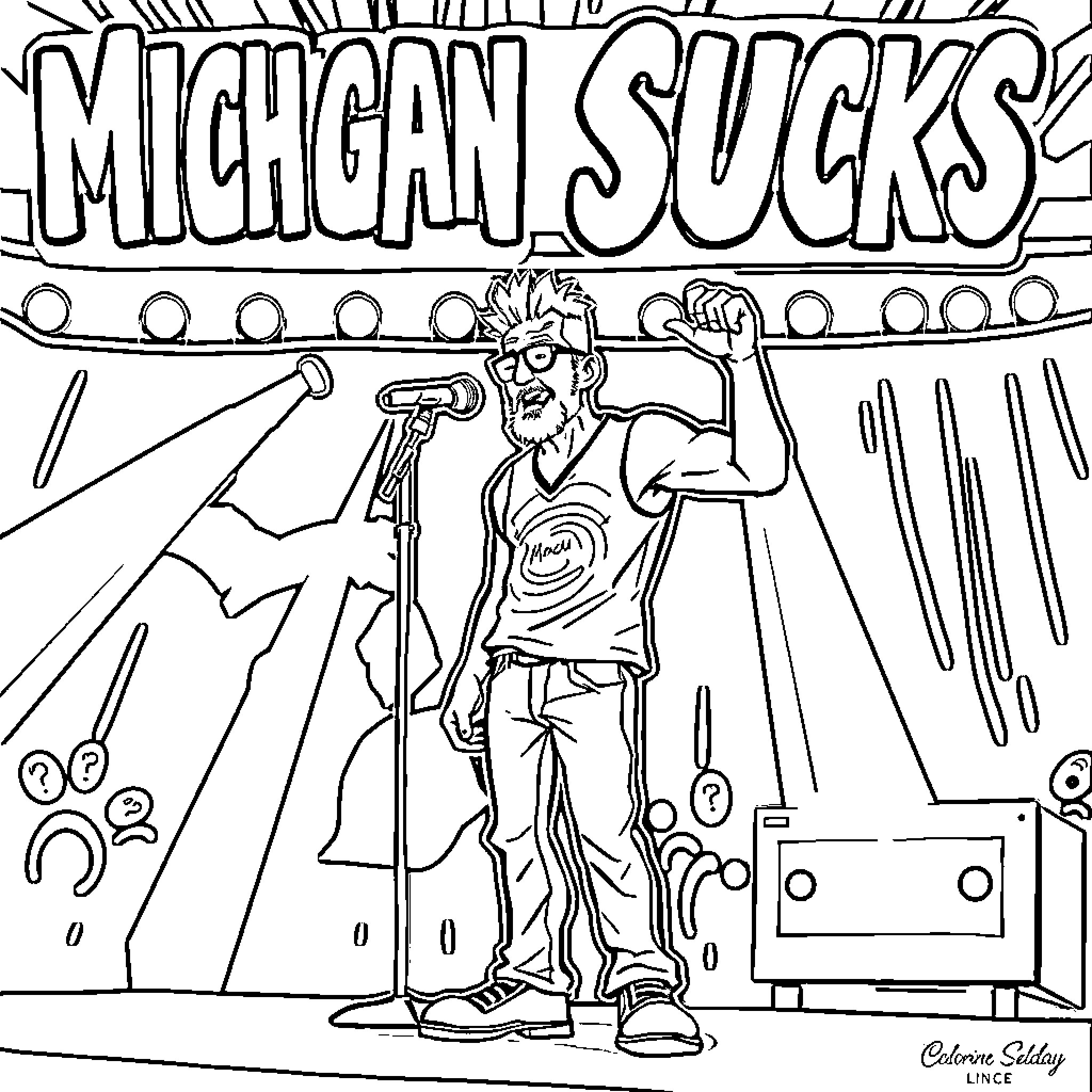 Slim Shady Performs Energetic Rock Music on Stage Coloring Page (free black-and-white line drawing printable PDF for all, from beginners to advanced learners, including children, teens, adults, and seniors)