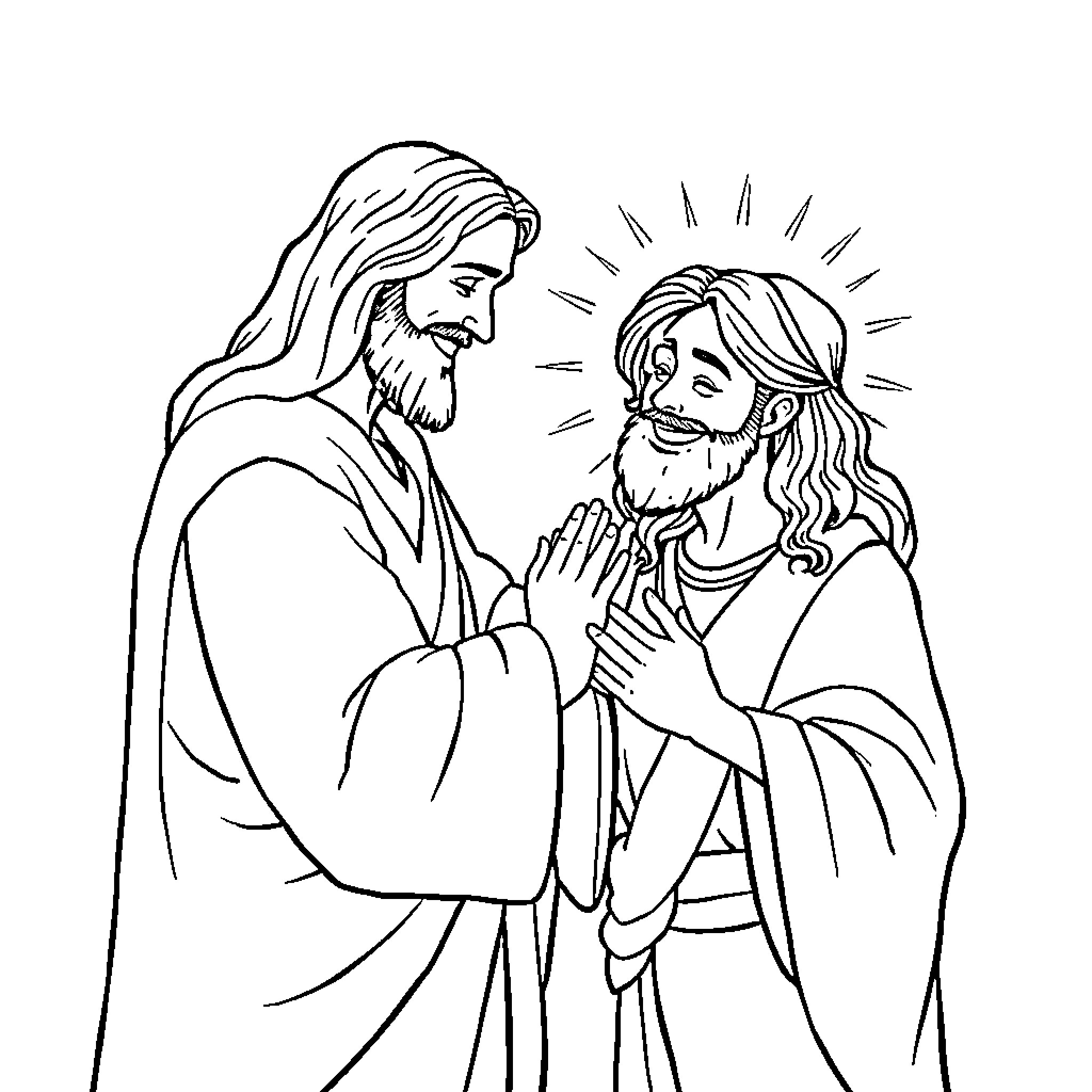 Jesus Blessing His Disciple in Reverent Embrace Coloring Page (free black-and-white line drawing printable PDF for all, from beginners to advanced learners, including children, teens, adults, and seniors)