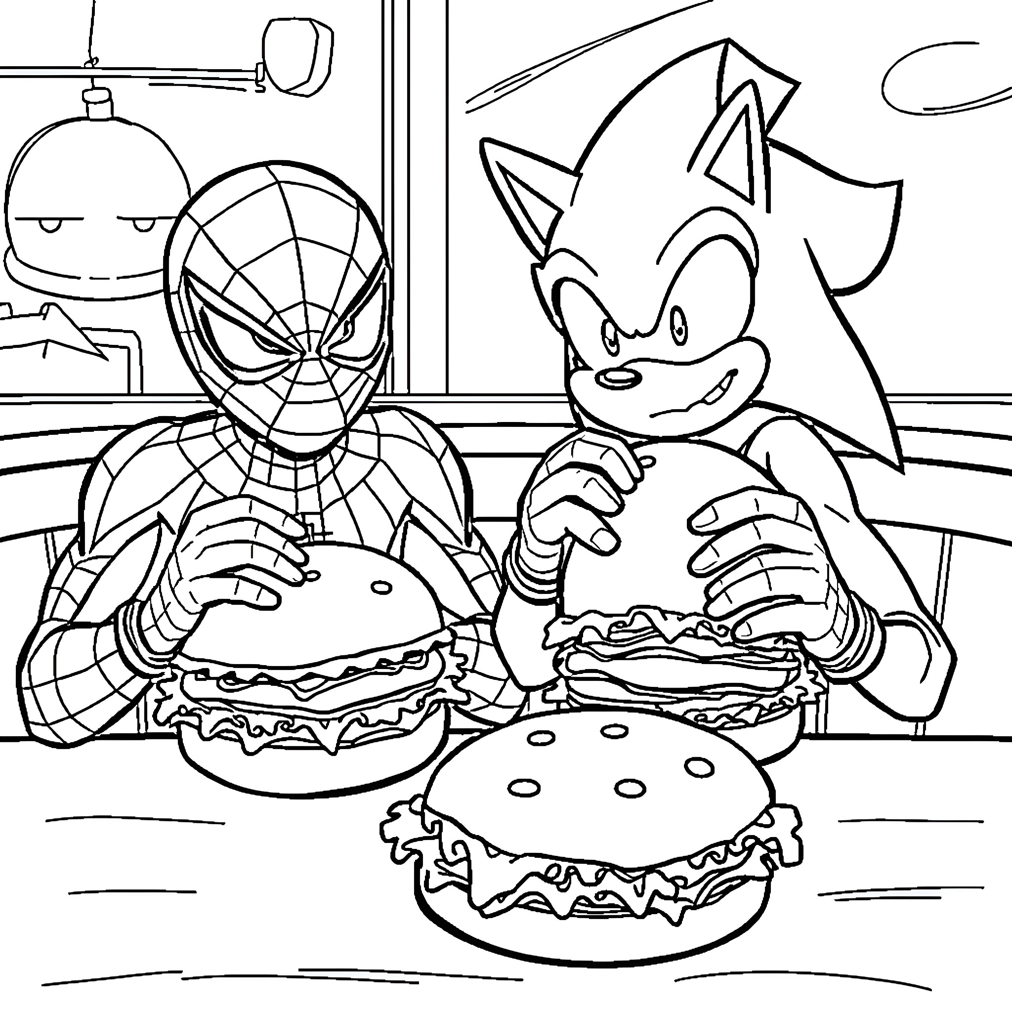 Spiderman and Sonic the Hedgehog Enjoying Burgers Coloring Page (free black-and-white line drawing printable PDF for all, from beginners to advanced learners, including children, teens, adults, and seniors)
