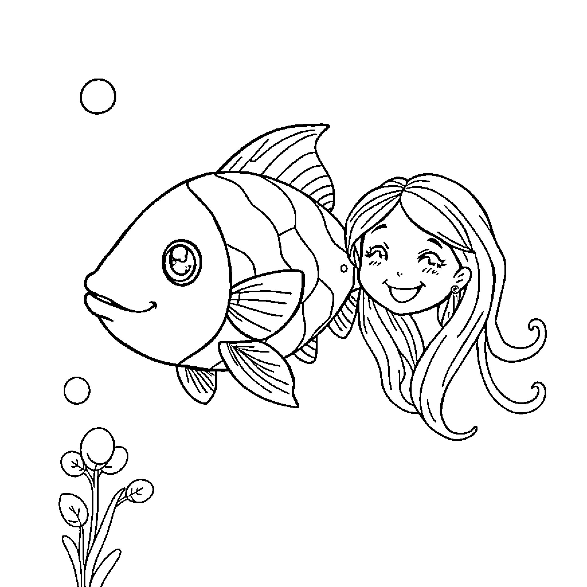Fish and girl playing in the sea Coloring Page (free black-and-white line drawing printable PDF for all, from beginners to advanced learners, including children, teens, adults, and seniors)