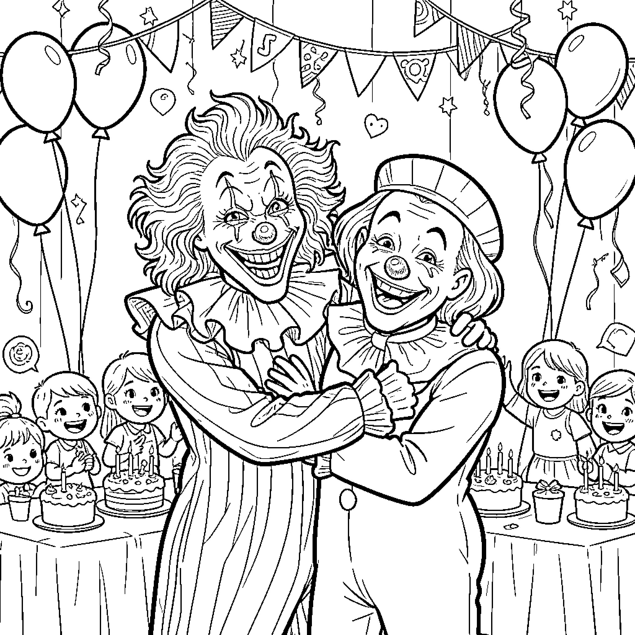 Pennywise clowns hugging happily at a birthday party Coloring Page (free black-and-white line drawing printable PDF for all, from beginners to advanced learners, including children, teens, adults, and seniors)