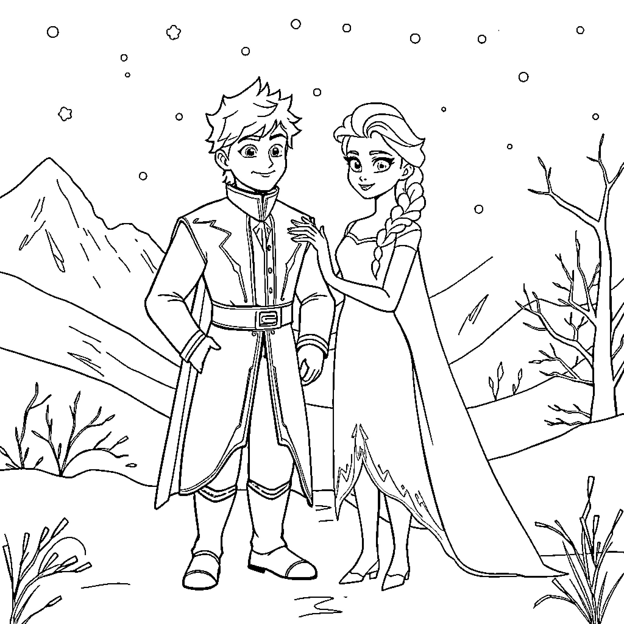 Jack Frost and Elsa in a winter wonderland Coloring Page (free black-and-white line drawing printable PDF for all, from beginners to advanced learners, including children, teens, adults, and seniors)