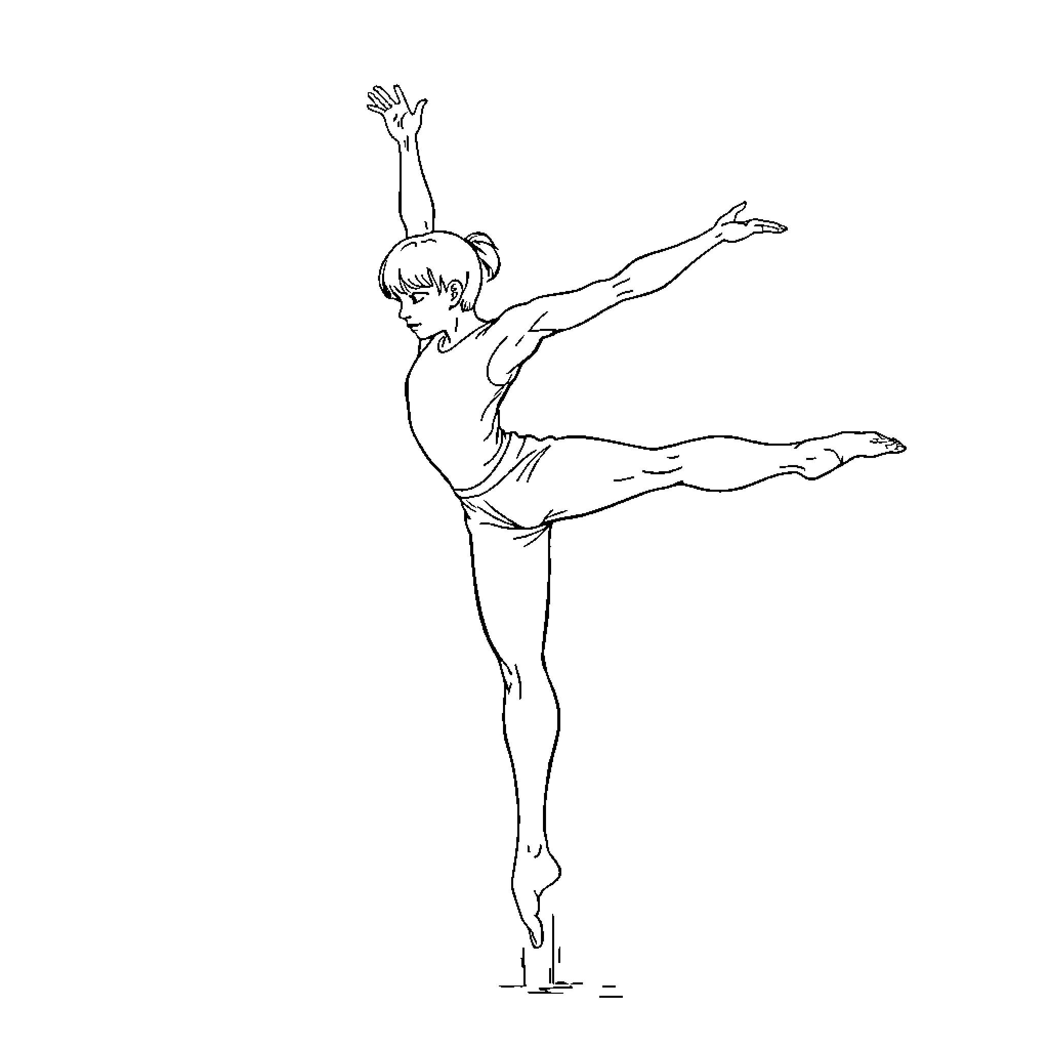 Gymnast performing artistic ballet pose Coloring Page (free black-and-white line drawing printable PDF for all, from beginners to advanced learners, including children, teens, adults, and seniors)