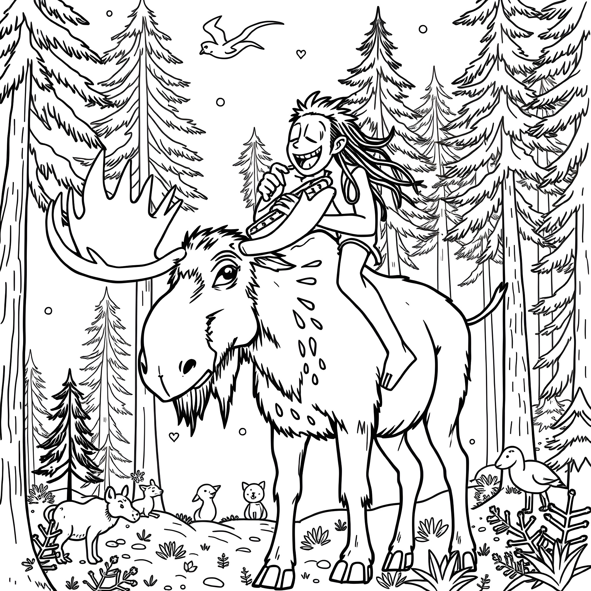 Skrillex riding a majestic reindeer in a winter wonderland Coloring Page (free black-and-white line drawing printable PDF for all, from beginners to advanced learners, including children, teens, adults, and seniors)