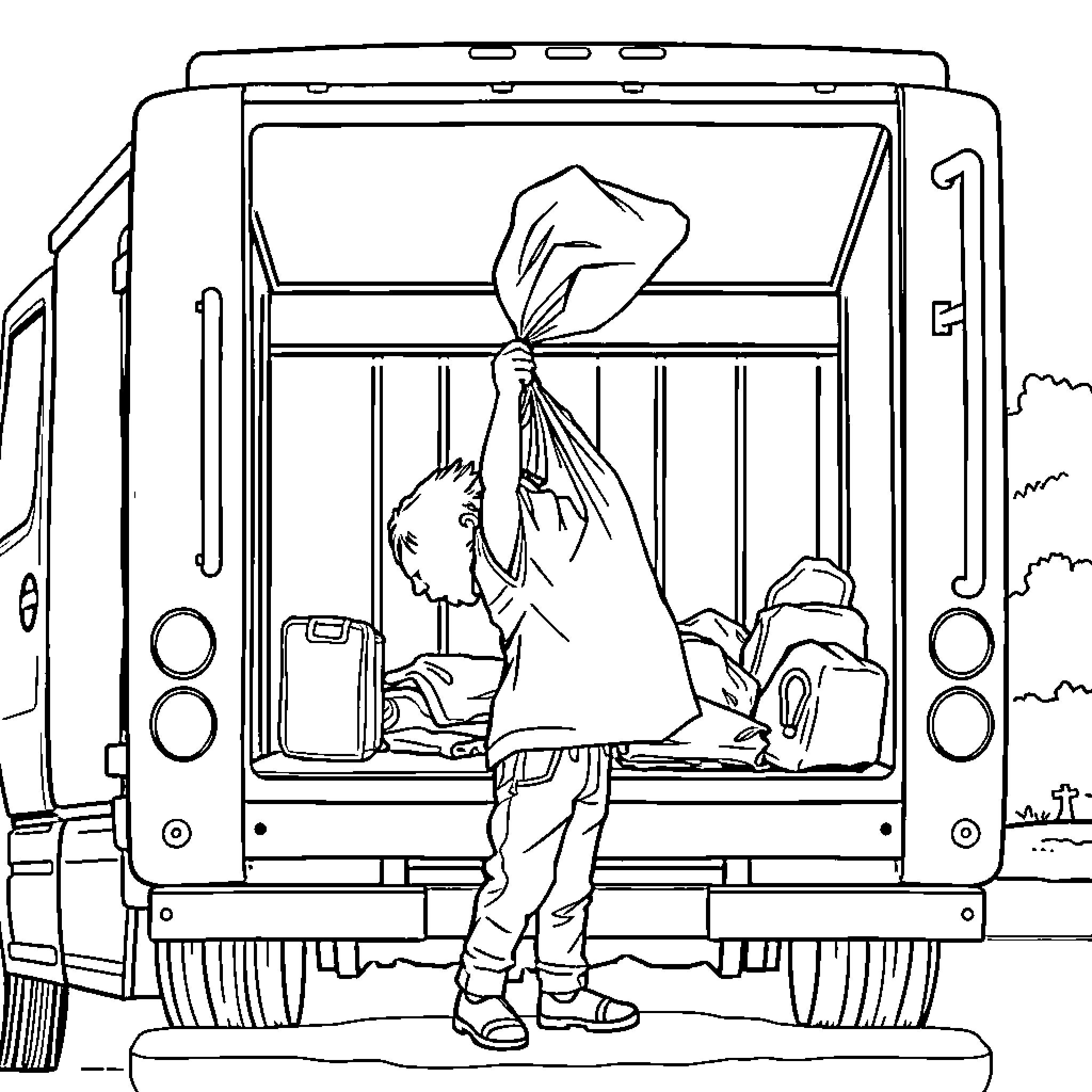 Boy packing belongings in van for travel Coloring Page (free black-and-white line drawing printable PDF for all, from beginners to advanced learners, including children, teens, adults, and seniors)