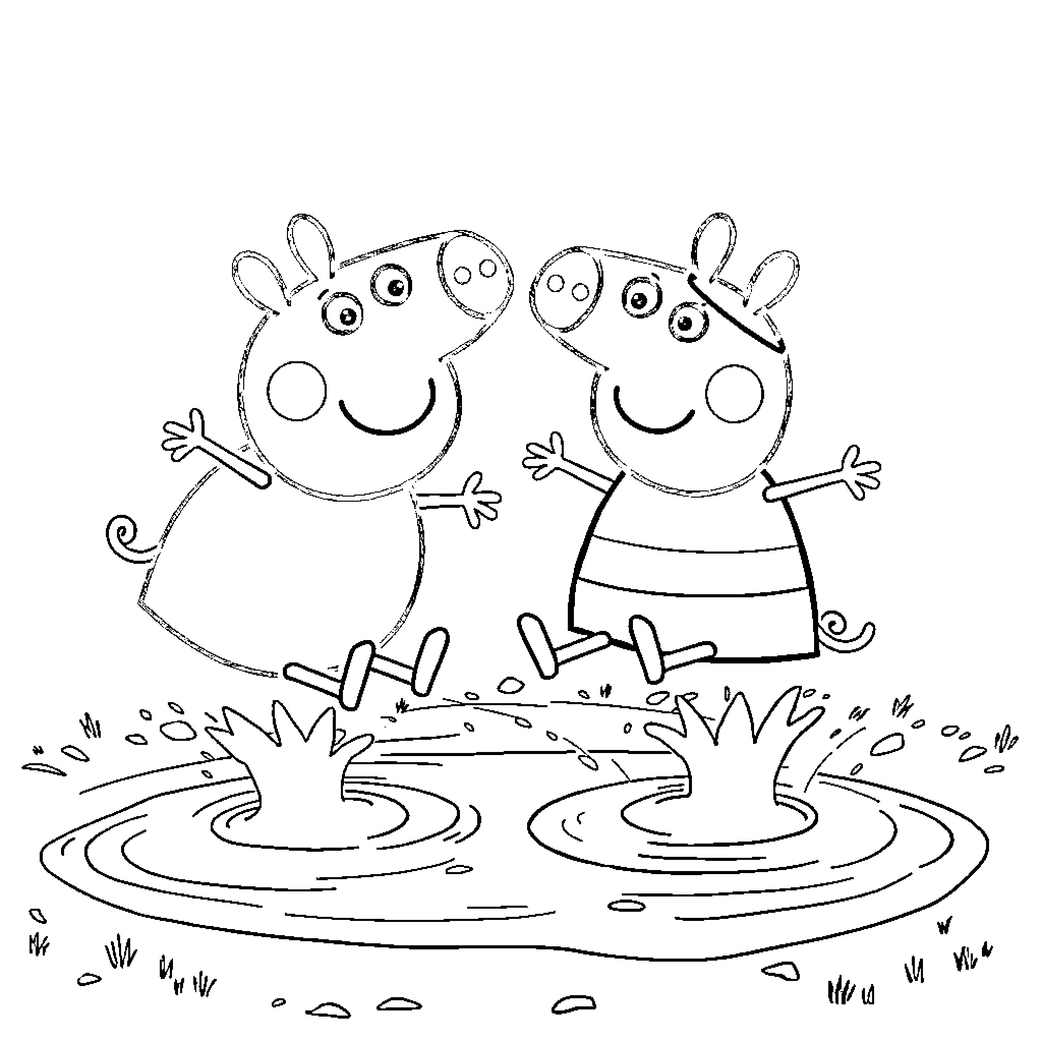 Peppa Pig siblings playing happily in puddles Coloring Page (free black-and-white line drawing printable PDF for all, from beginners to advanced learners, including children, teens, adults, and seniors)