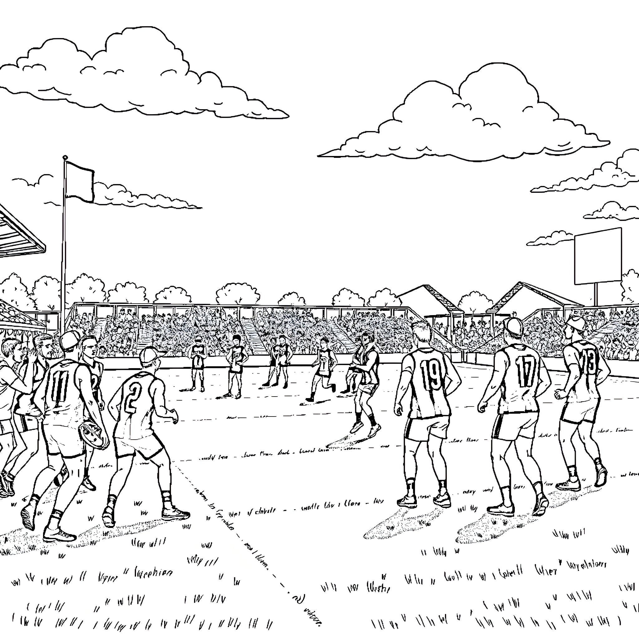 Essendon Football Club players in action on the field Coloring Page (free black-and-white line drawing printable PDF for all, from beginners to advanced learners, including children, teens, adults, and seniors)