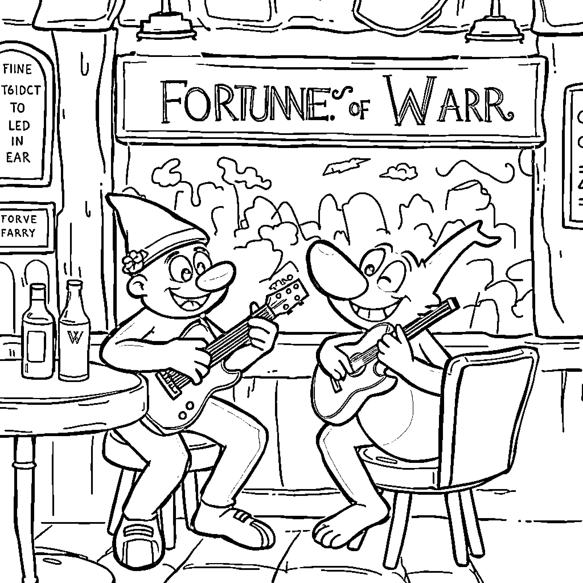 Bluey Trolls Jamming at Fortune of Warr Coloring Page (free black-and-white line drawing printable PDF for all, from beginners to advanced learners, including children, teens, adults, and seniors)