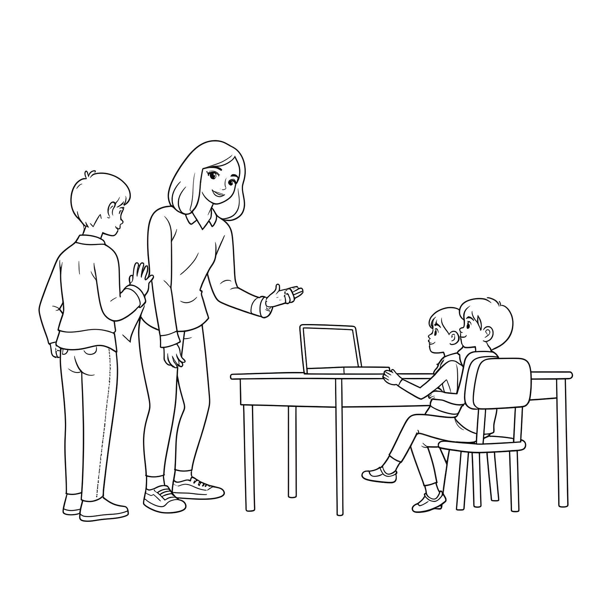 Kid learning with teacher and classmates in classroom Coloring Page (free black-and-white line drawing printable PDF for all, from beginners to advanced learners, including children, teens, adults, and seniors)