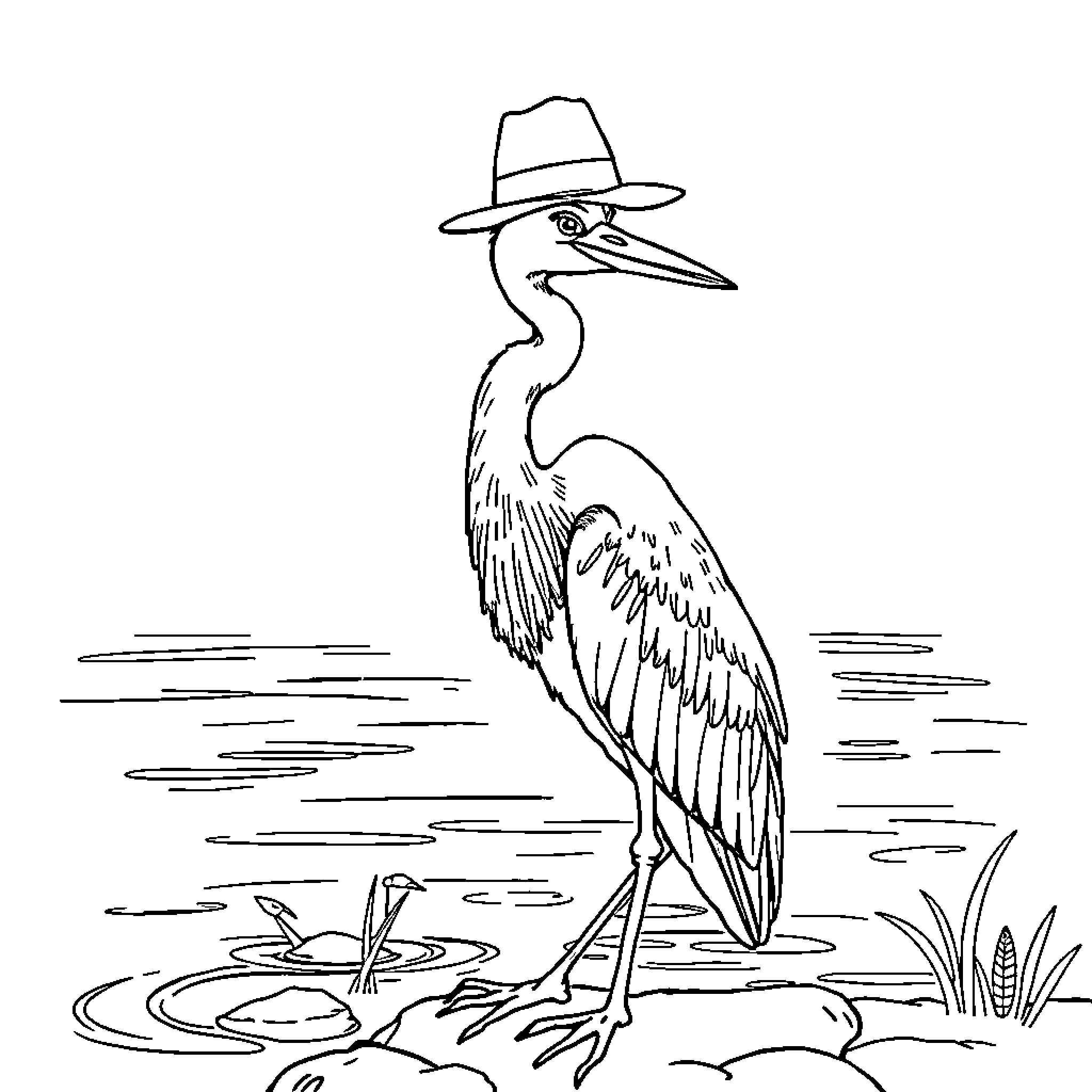 Heron standing tall in wetland habitat Coloring Page (free black-and-white line drawing printable PDF for all, from beginners to advanced learners, including children, teens, adults, and seniors)