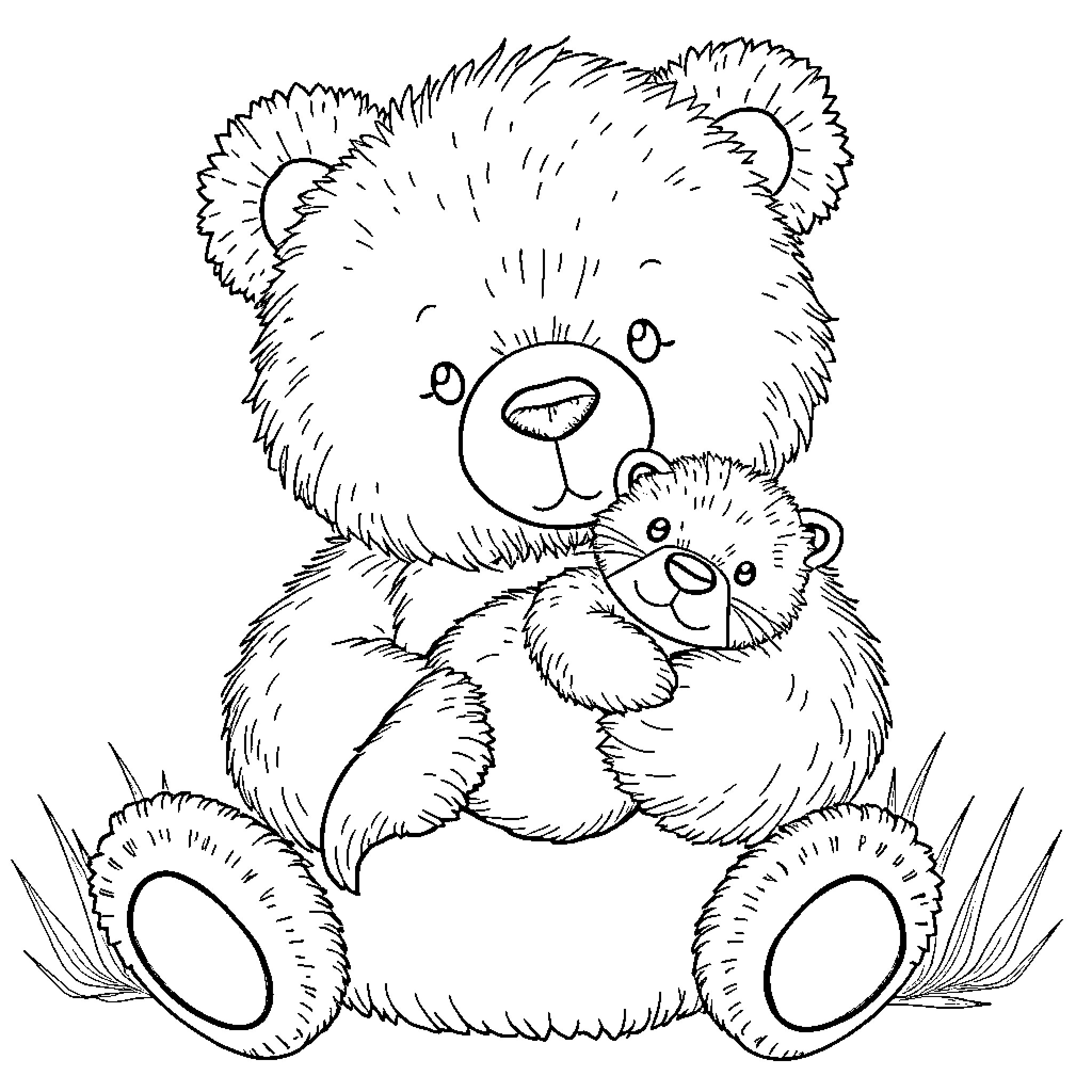 Teddy Bears Snuggling Affectionately Coloring Page (free black-and-white line drawing printable PDF for all, from beginners to advanced learners, including children, teens, adults, and seniors)