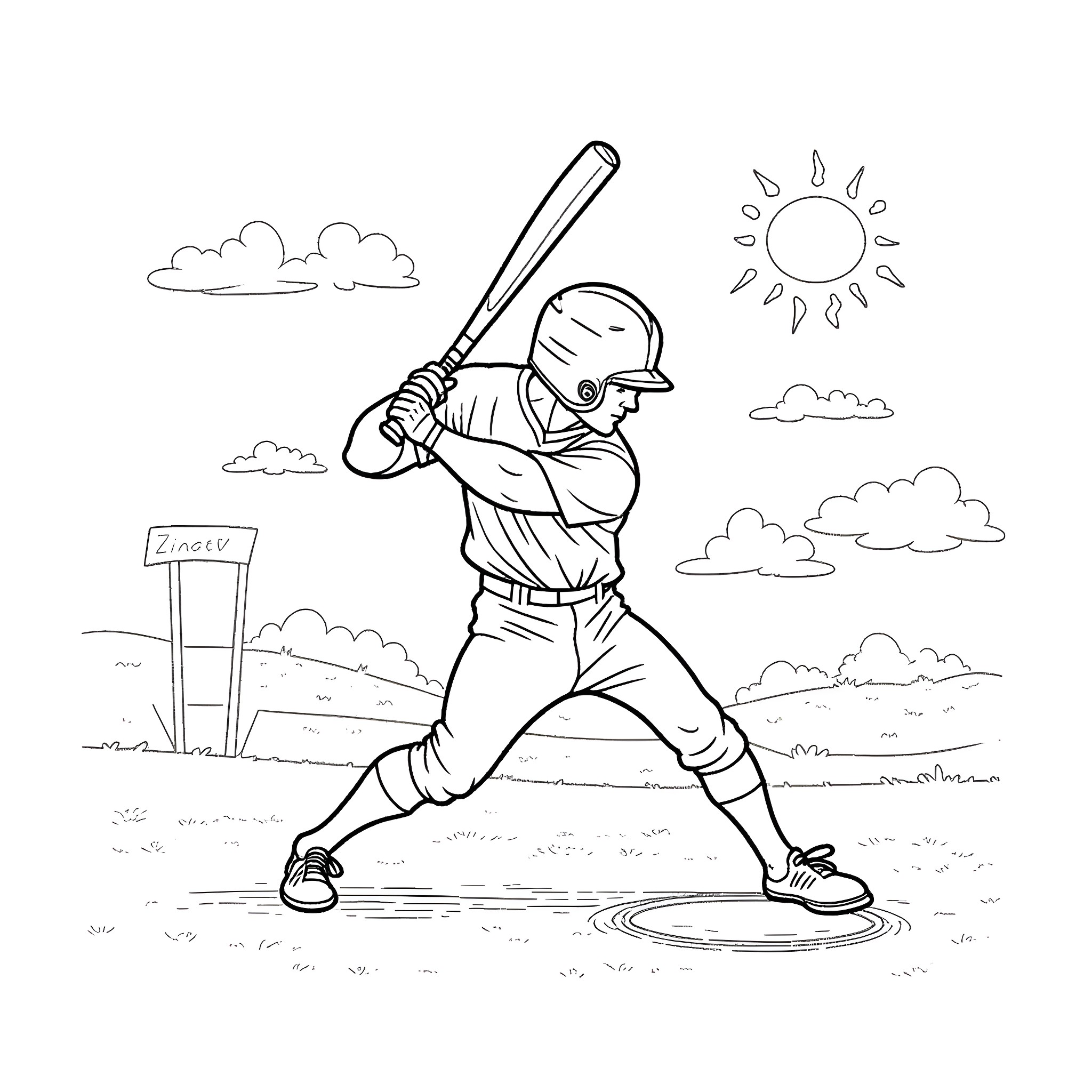 Superman baseball player batting with intensity Coloring Page (free black-and-white line drawing printable PDF for all, from beginners to advanced learners, including children, teens, adults, and seniors)