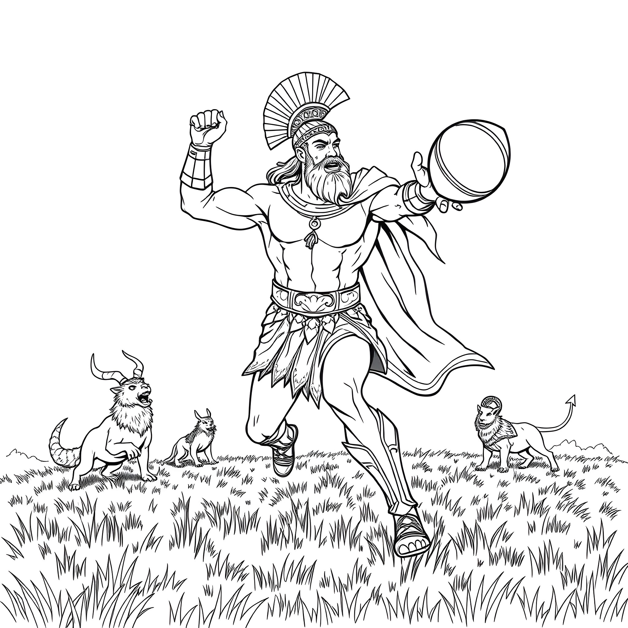 Vulcan Warrior Brandishing Weapon in Grass Coloring Page (free black-and-white line drawing printable PDF for all, from beginners to advanced learners, including children, teens, adults, and seniors)