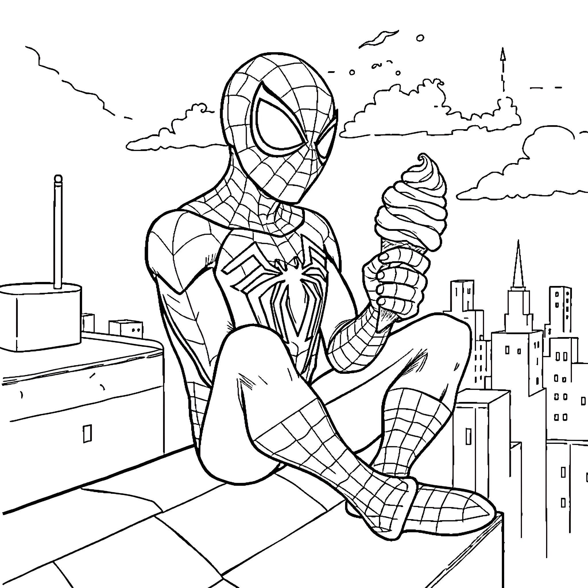 Spiderman swinging over the city with ice cream Coloring Page (free black-and-white line drawing printable PDF for all, from beginners to advanced learners, including children, teens, adults, and seniors)