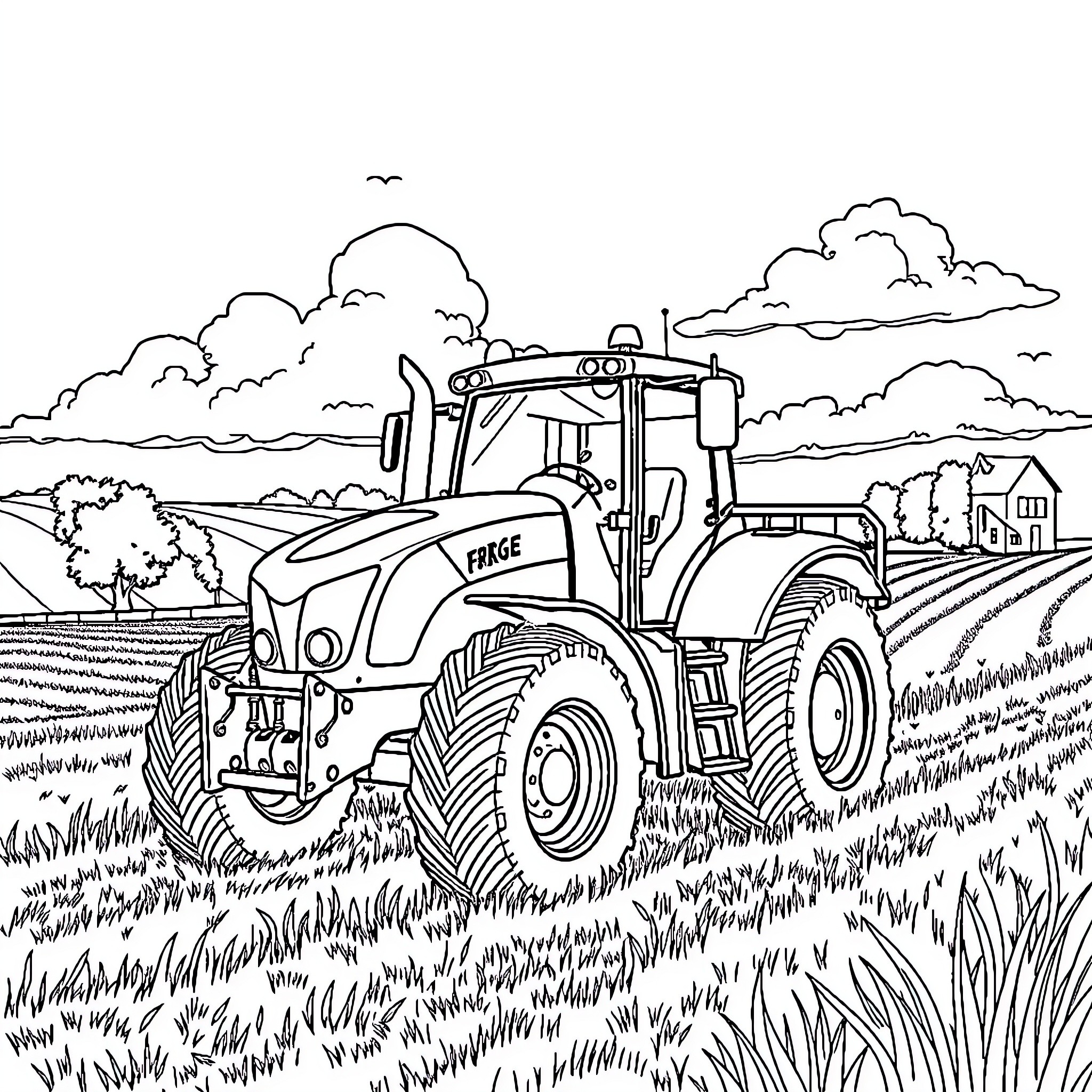Tractor plowing through a scenic countryside Coloring Page (free black-and-white line drawing printable PDF for all, from beginners to advanced learners, including children, teens, adults, and seniors)