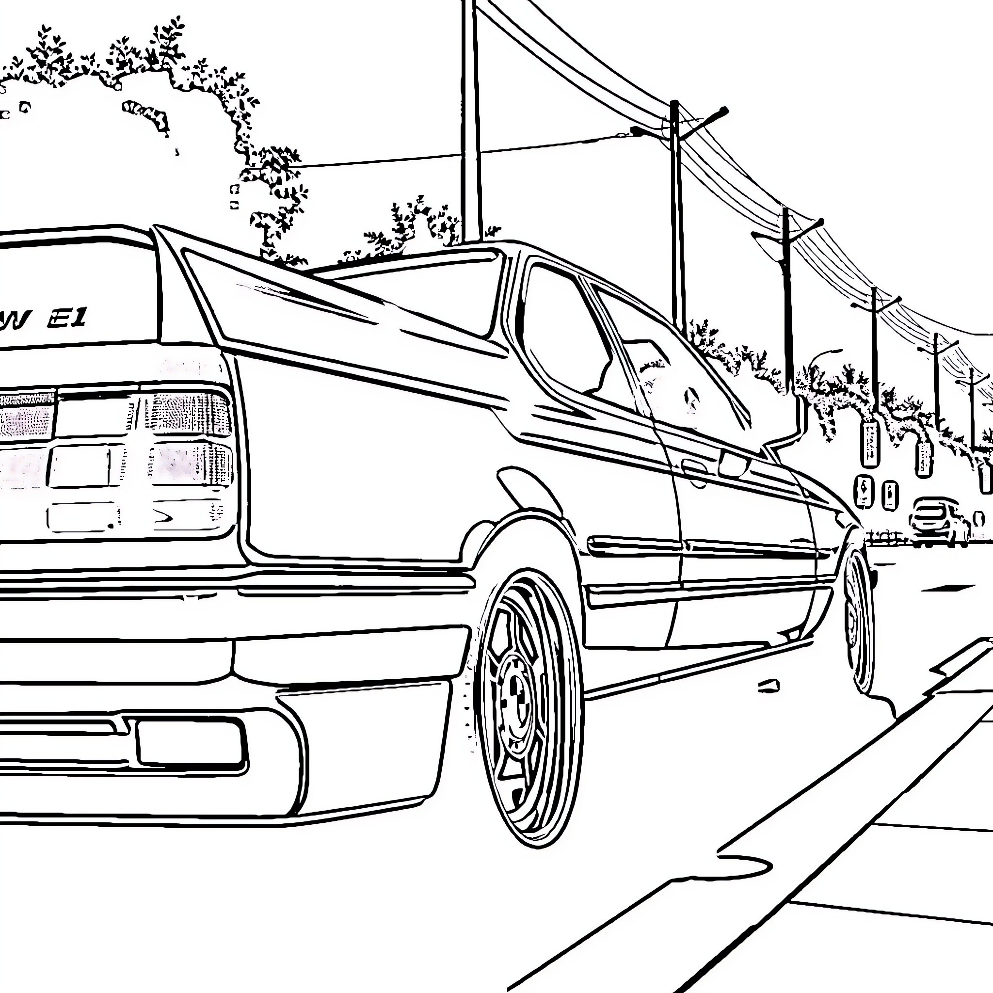 BMW sports car in city street scene Coloring Page (free black-and-white line drawing printable PDF for all, from beginners to advanced learners, including children, teens, adults, and seniors)