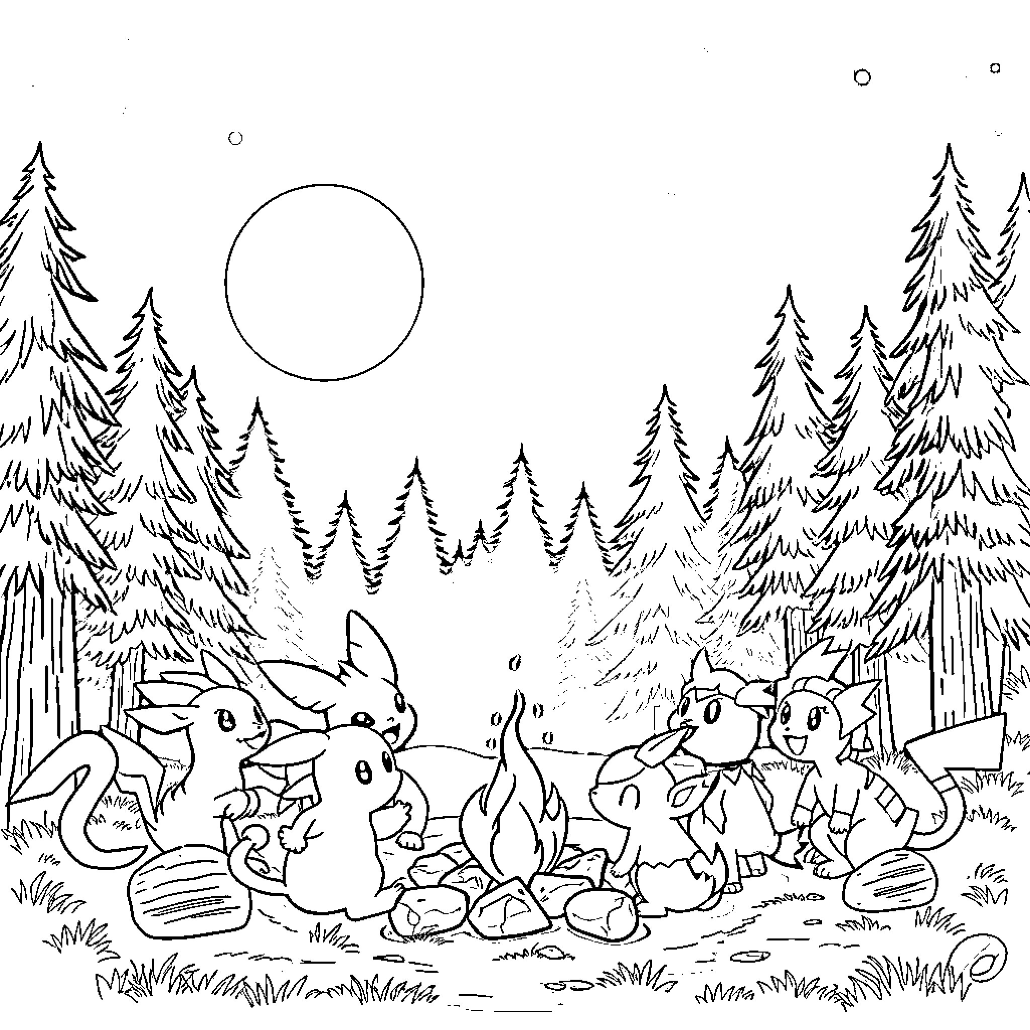 Pokémon gathering around a campfire in the forest Coloring Page (free black-and-white line drawing printable PDF for all, from beginners to advanced learners, including children, teens, adults, and seniors)