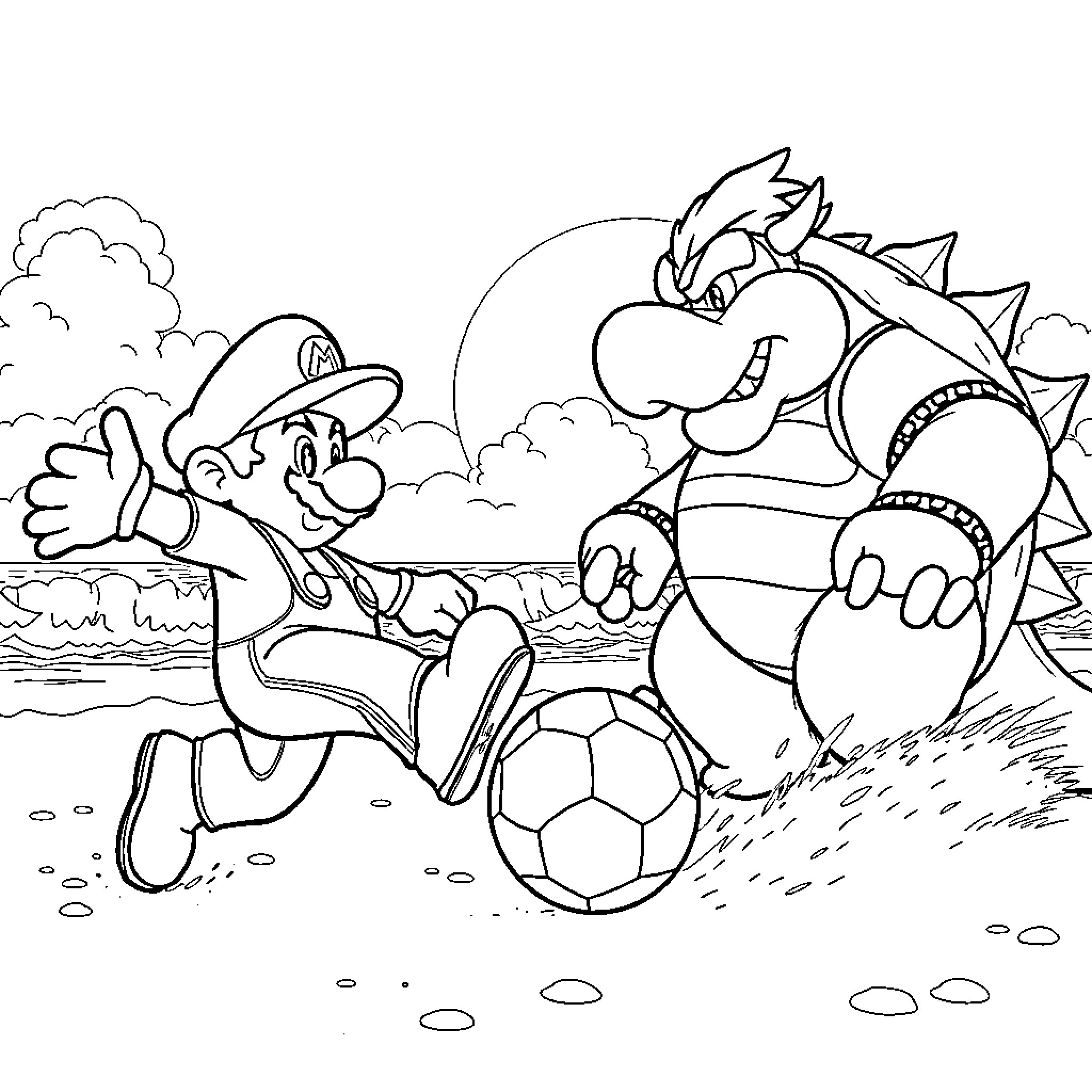 Mario Challenging Bowser in a Soccer Match Coloring Page (free black-and-white line drawing printable PDF for all, from beginners to advanced learners, including children, teens, adults, and seniors)
