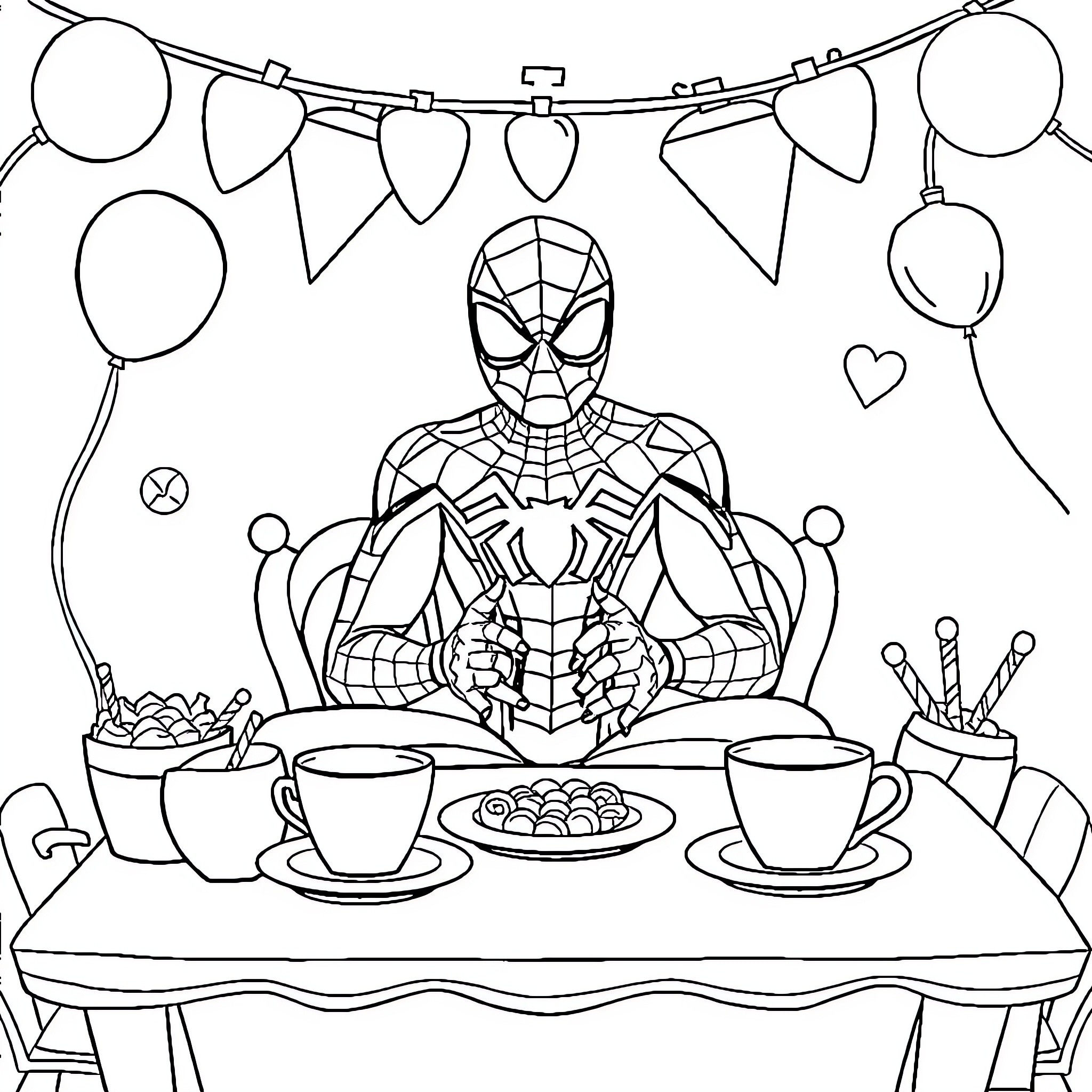 Spiderman enjoying a party with festive decorations Coloring Page (free black-and-white line drawing printable PDF for all, from beginners to advanced learners, including children, teens, adults, and seniors)