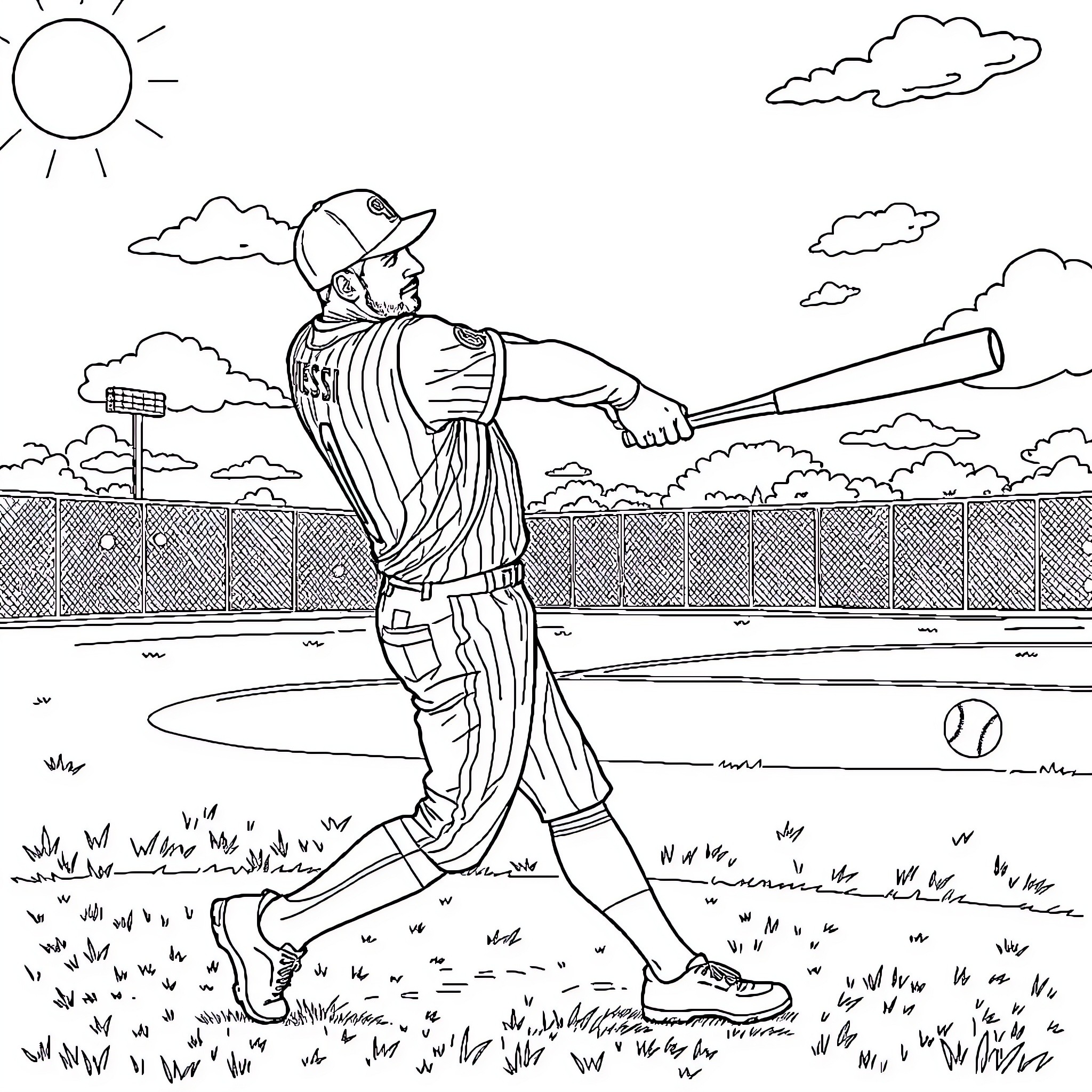 Messi batting at baseball stadium Coloring Page (free black-and-white line drawing printable PDF for all, from beginners to advanced learners, including children, teens, adults, and seniors)