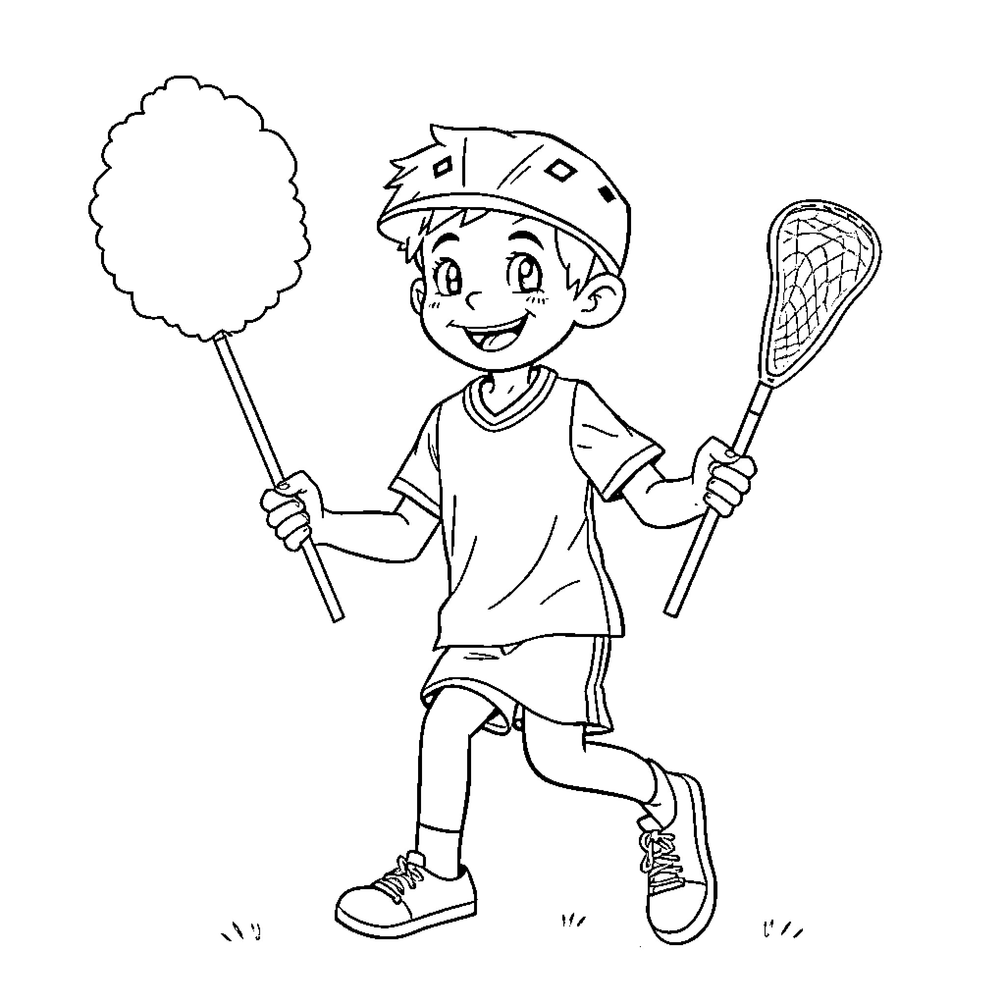 Kid Playing with Cotton Candy and Lacrosse Stick Coloring Page (free black-and-white line drawing printable PDF for all, from beginners to advanced learners, including children, teens, adults, and seniors)