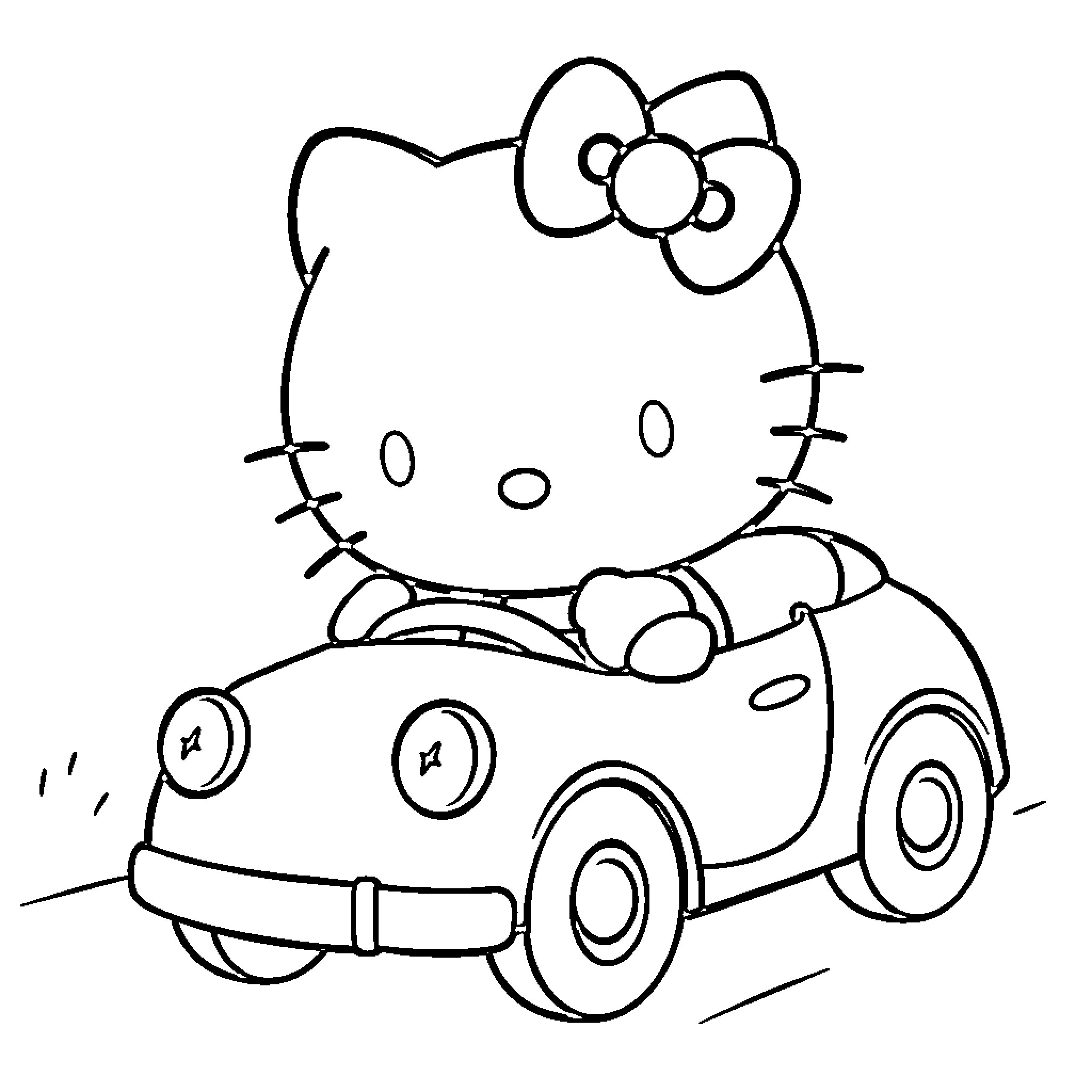 Hello Kitty riding a cartoon car Coloring Page (free black-and-white line drawing printable PDF for all, from beginners to advanced learners, including children, teens, adults, and seniors)