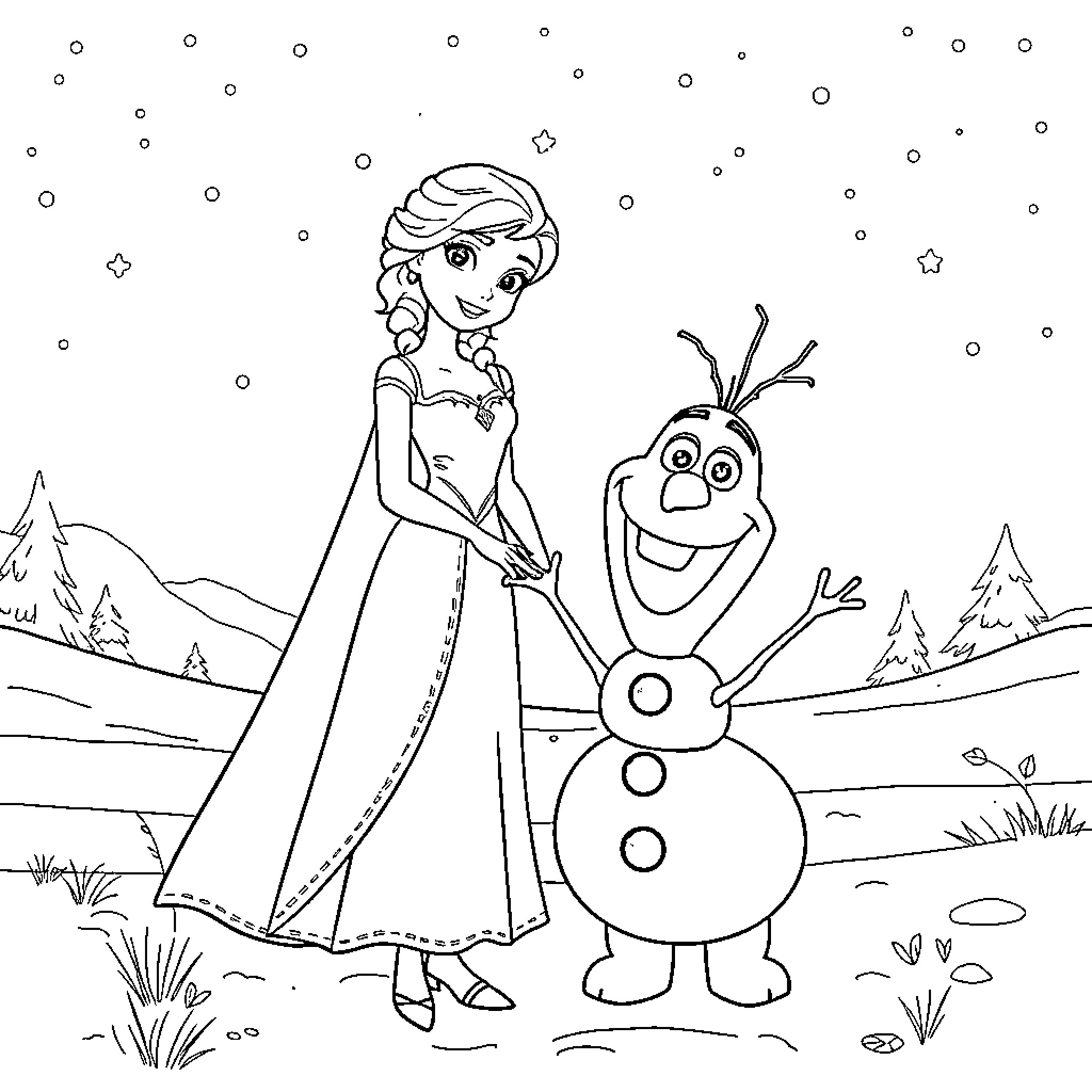 Elsa and Olaf enjoying the winter wonderland Coloring Page (free black-and-white line drawing printable PDF for all, from beginners to advanced learners, including children, teens, adults, and seniors)