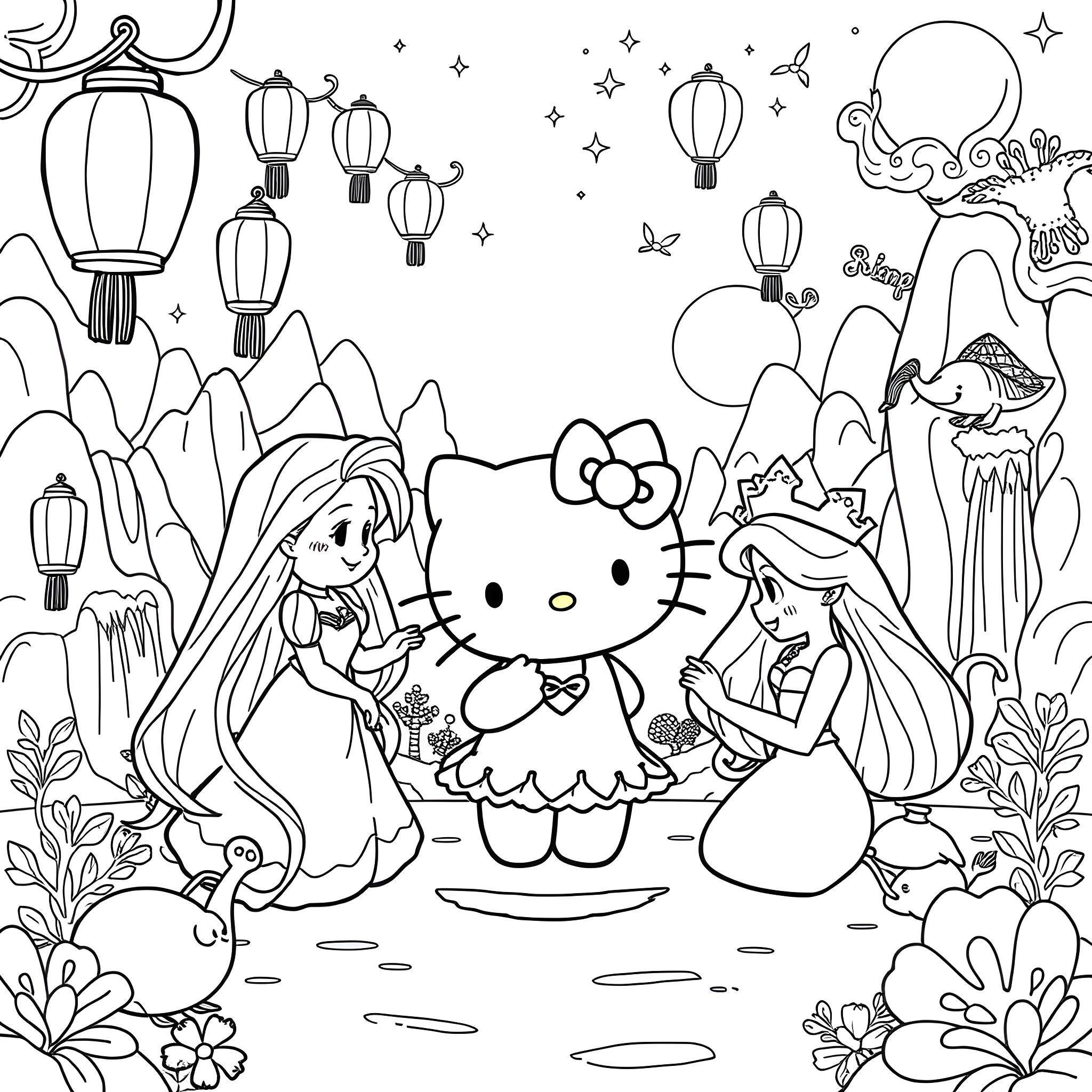Hello Kitty's Enchanting Adventure in a Whimsical Landscape Coloring Page (free black-and-white line drawing printable PDF for all, from beginners to advanced learners, including children, teens, adults, and seniors)