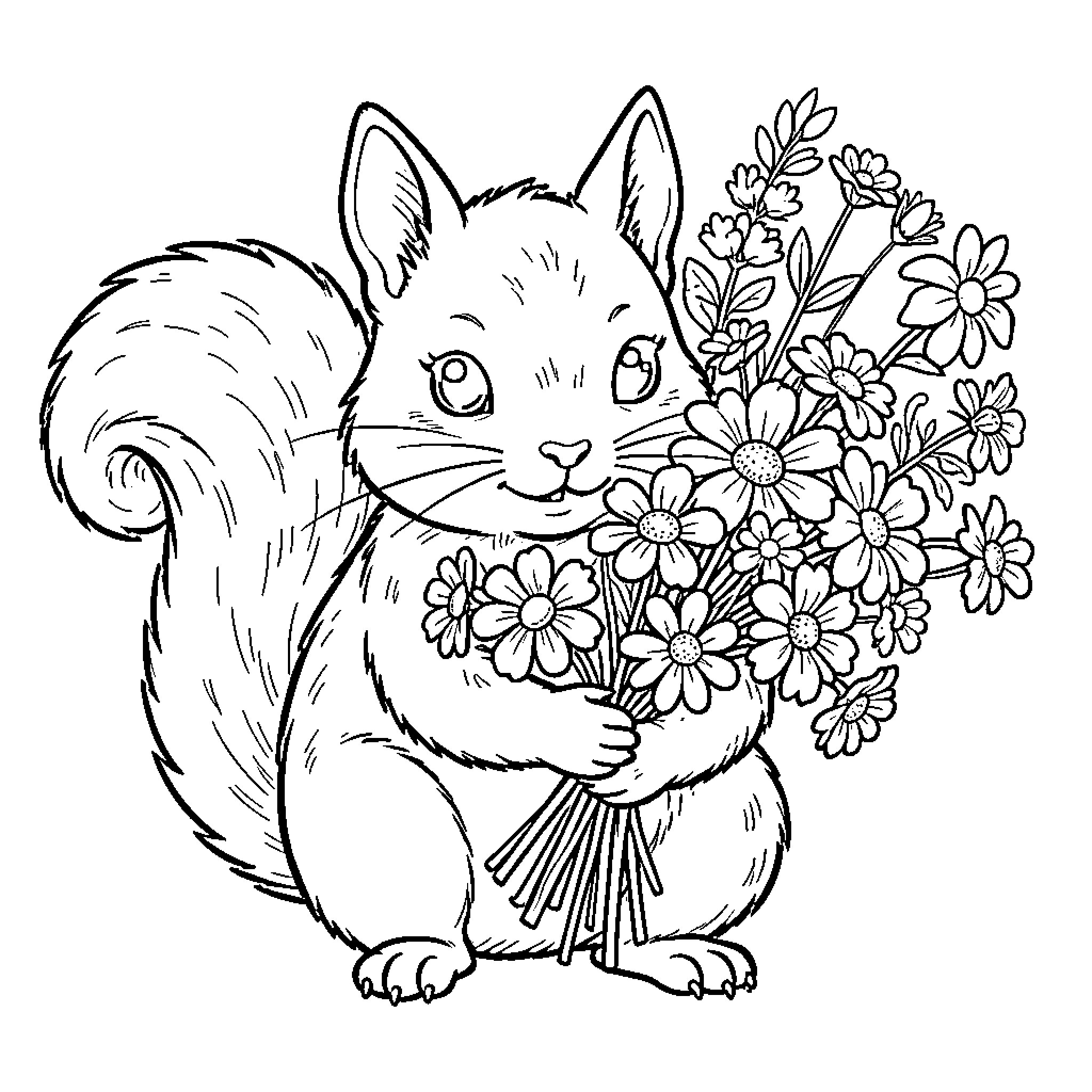 Squirrel holding a bouquet of flowers Coloring Page (free black-and-white line drawing printable PDF for all, from beginners to advanced learners, including children, teens, adults, and seniors)