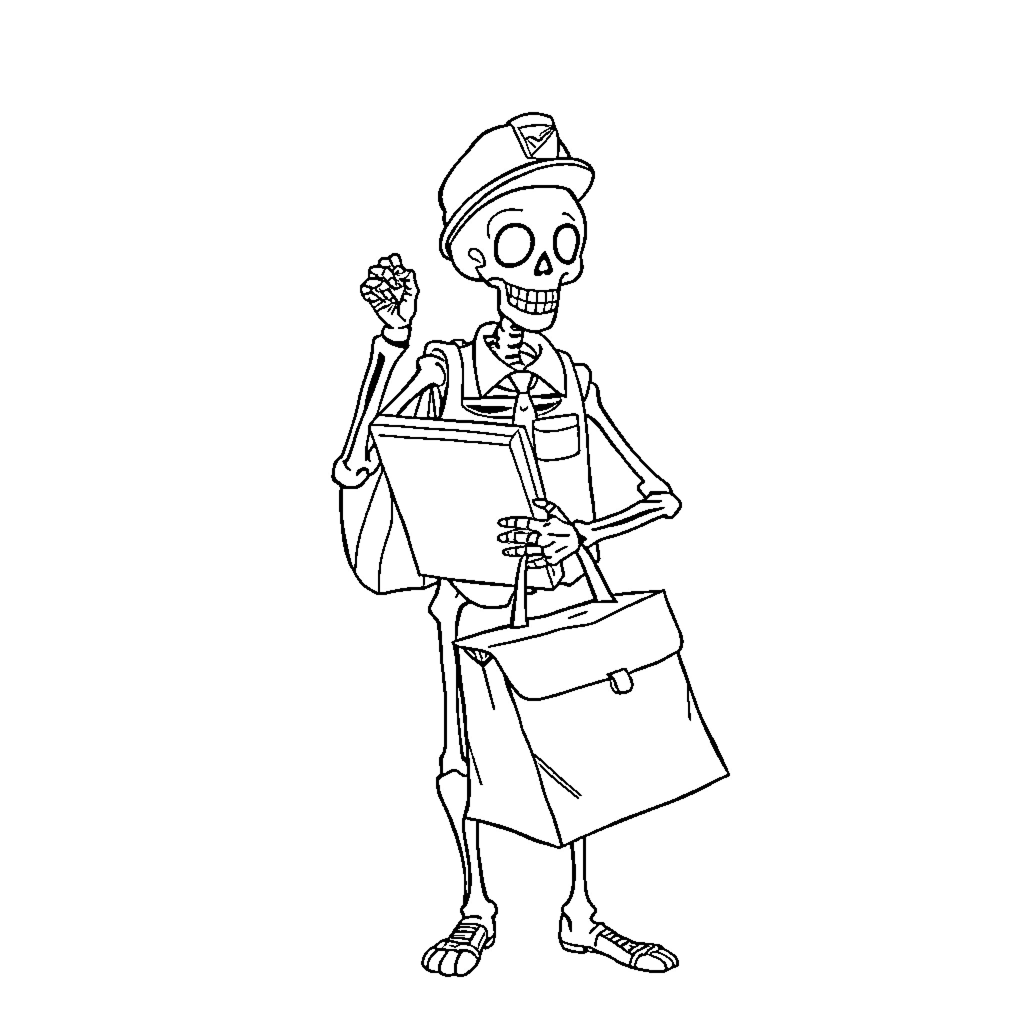 Skeleton postman delivering a letter Coloring Page (free black-and-white line drawing printable PDF for all, from beginners to advanced learners, including children, teens, adults, and seniors)